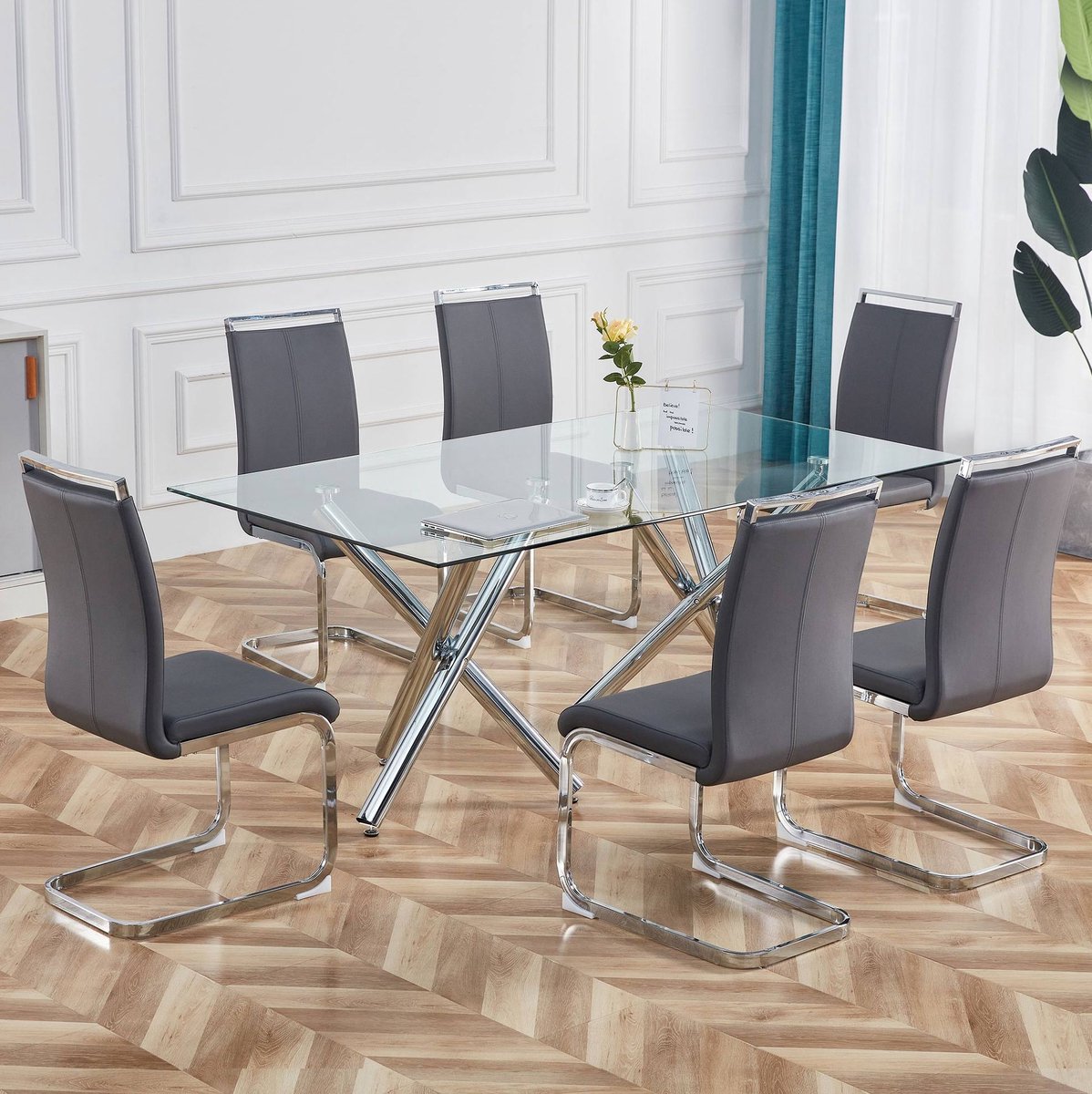 MEUNIQ grijze eetkamerstoelen set van 4, freischwinger met verchroomd metalen onderstel, kunstleren bekleding, hoge rugleuning en zithoogte 48 cm Grijs