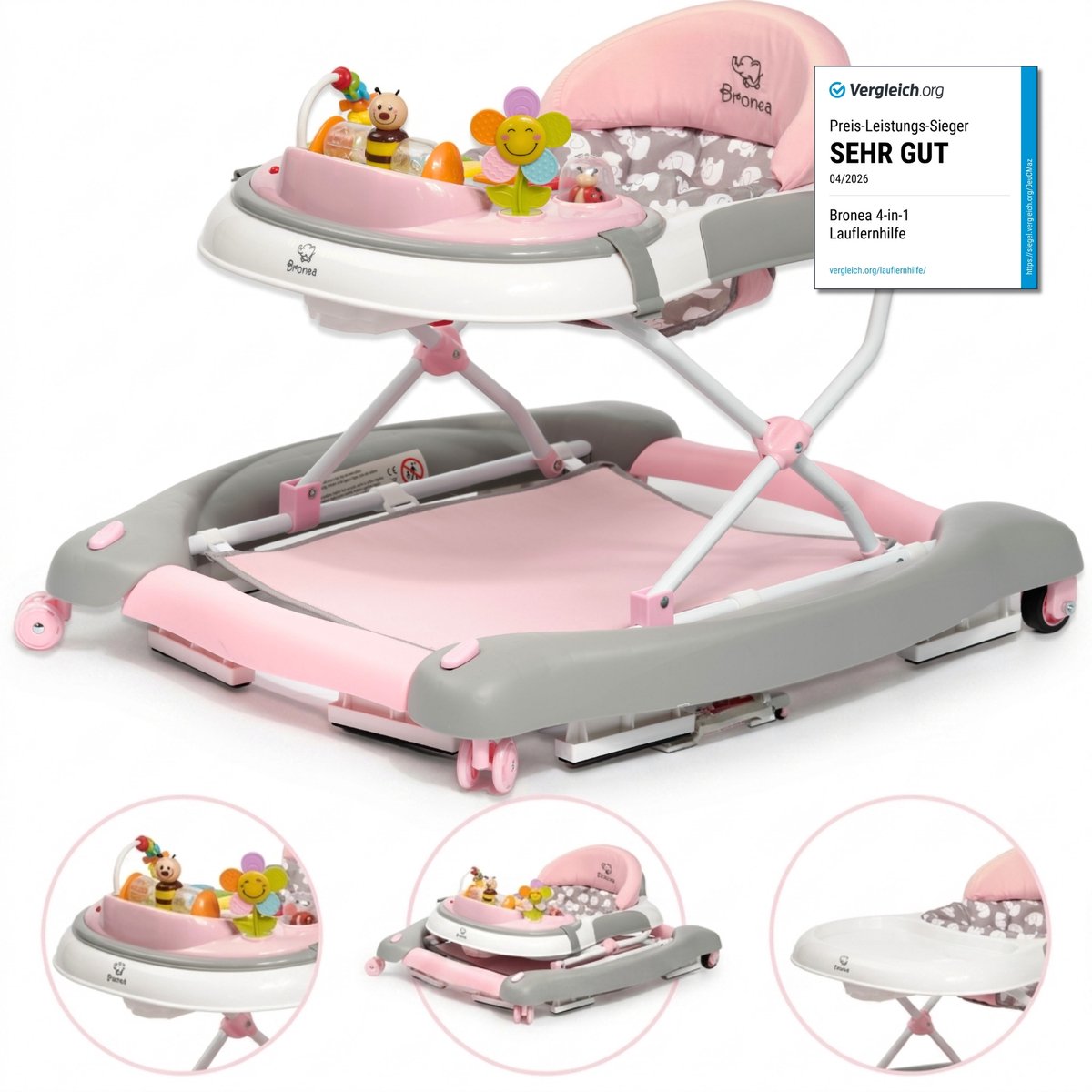 BRONEA® Loopstoeltje baby 4-in-1 | Babywalker met schommelfunctie en speelpaneel met muziek | In hoogte verstelbaar en opvouwbaar | Loopstoel met stille wielen en remmen