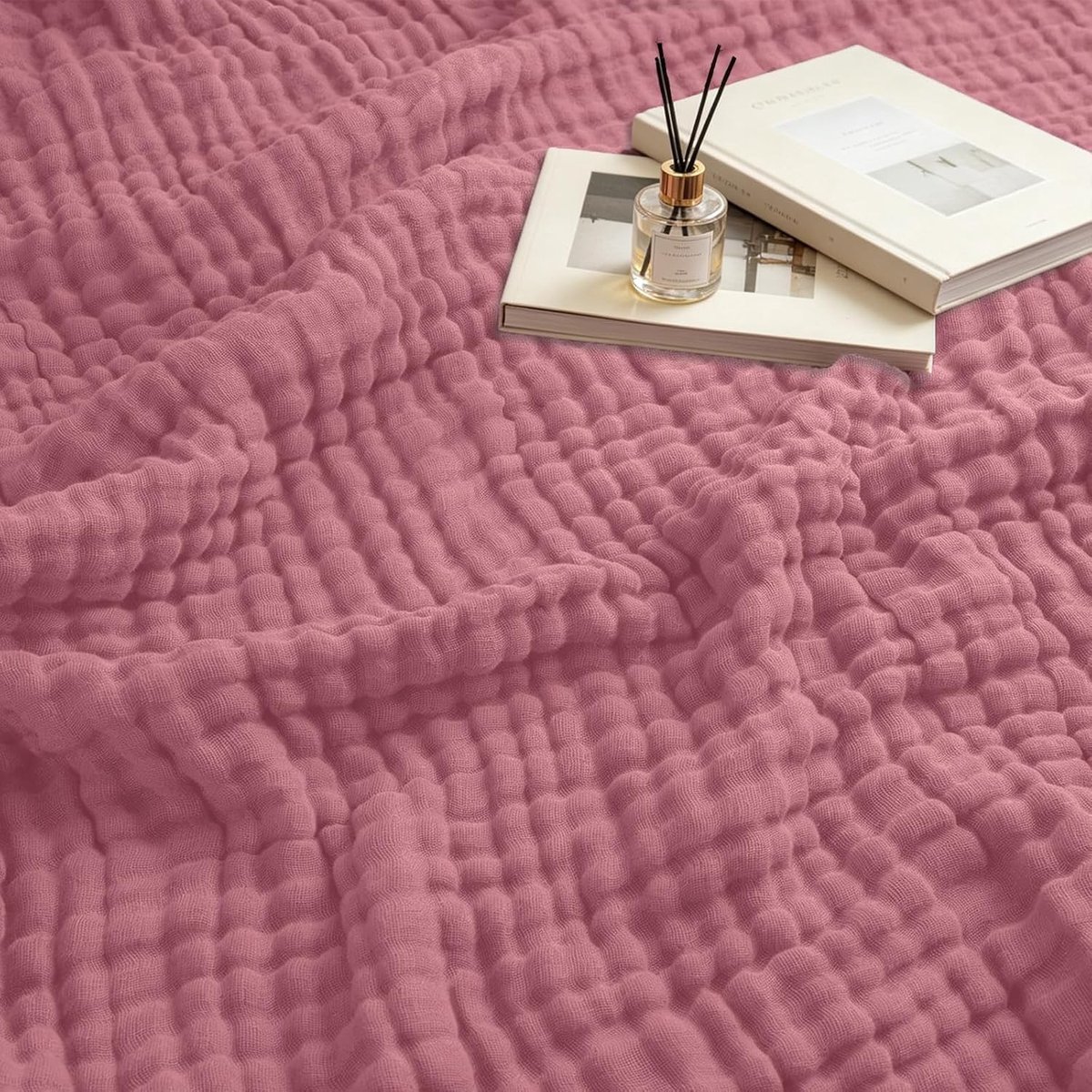 Zachte Muslin Dekentje 150 x 200 cm, 100% Katoen, 6 Lagen, Ideaal voor Bed en Bank, Ademend en Comfortabel voor Elk Seizoen (Roze-Rood)