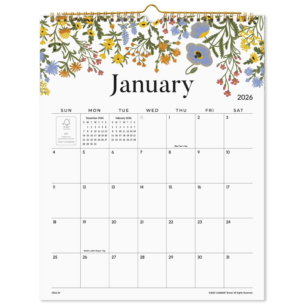 SnelShoppen - Wandkalender 2025 - 18 maanden Bloemendesign Kalender - Dikkere Papier - Juli 2025 tot December 2026 - 30,5 x 38,1 cm - Dubbeldraads Bin