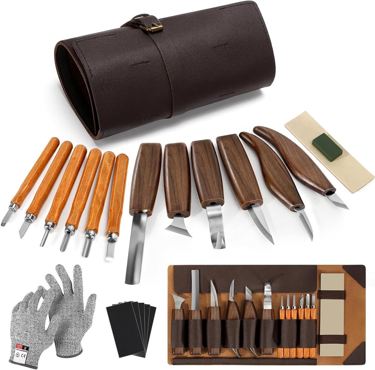 Houtsnijgereedschap set - Snijmes set - Hout bewerken - 17 delig met accessoires - 12 messen - Bruin