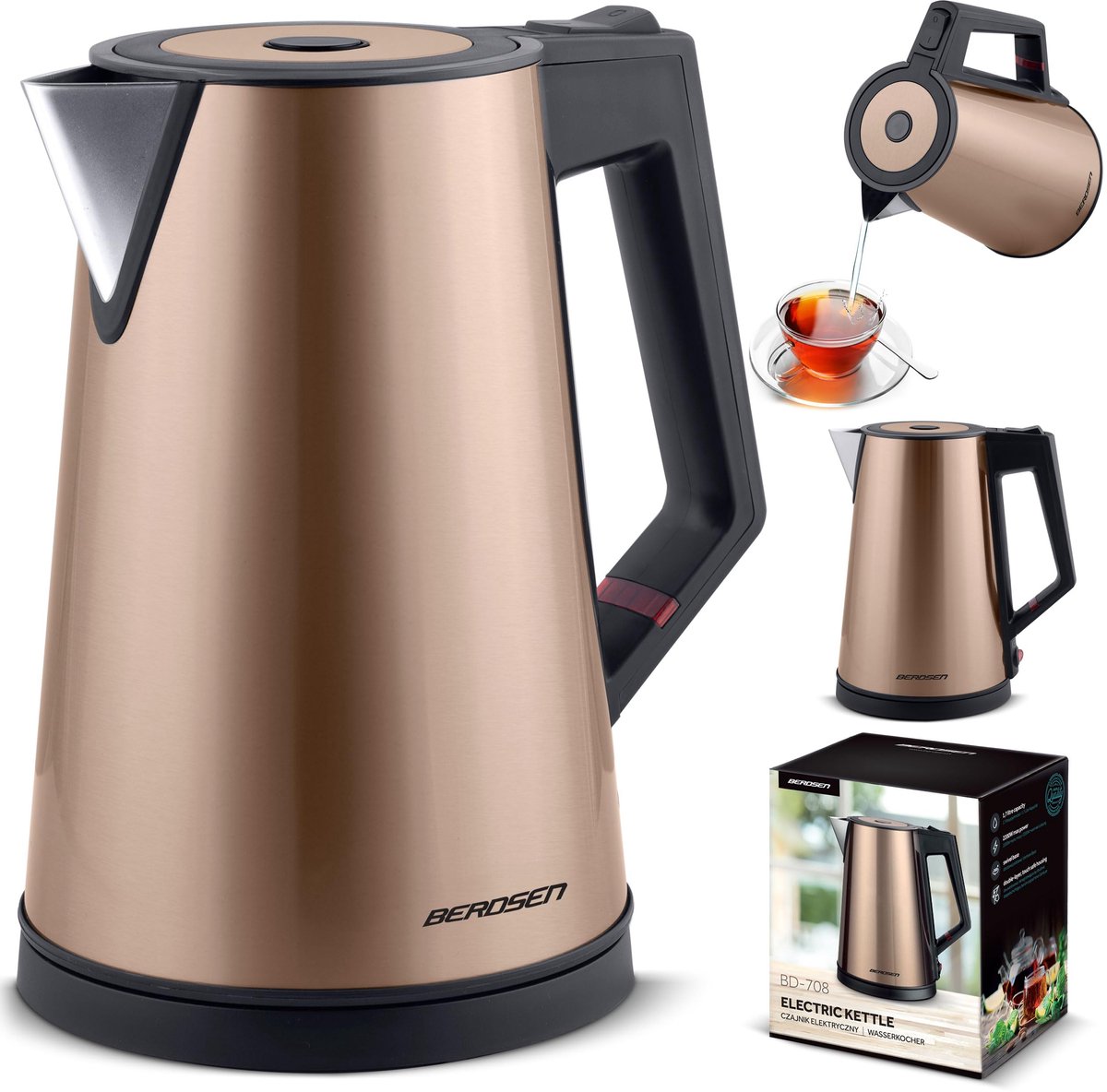 SnelShoppen - Waterkoker 1,7 L Roestvrij Staal met Warmhoudfunctie, 2200 Watt, Dubbelwandig, Stil, Pirouetbasis, Gouden Waterkoker voor Keuken en Thui