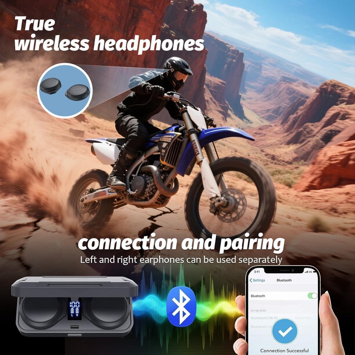 SnelShoppen - OBEST Motorhelm Bluetooth headset - TWS Draadloze Hoofdtelefoon met Oplaadetui, Bluetooth 5.3, ANC Actieve Ruisonderdrukking, 1900 mAh A