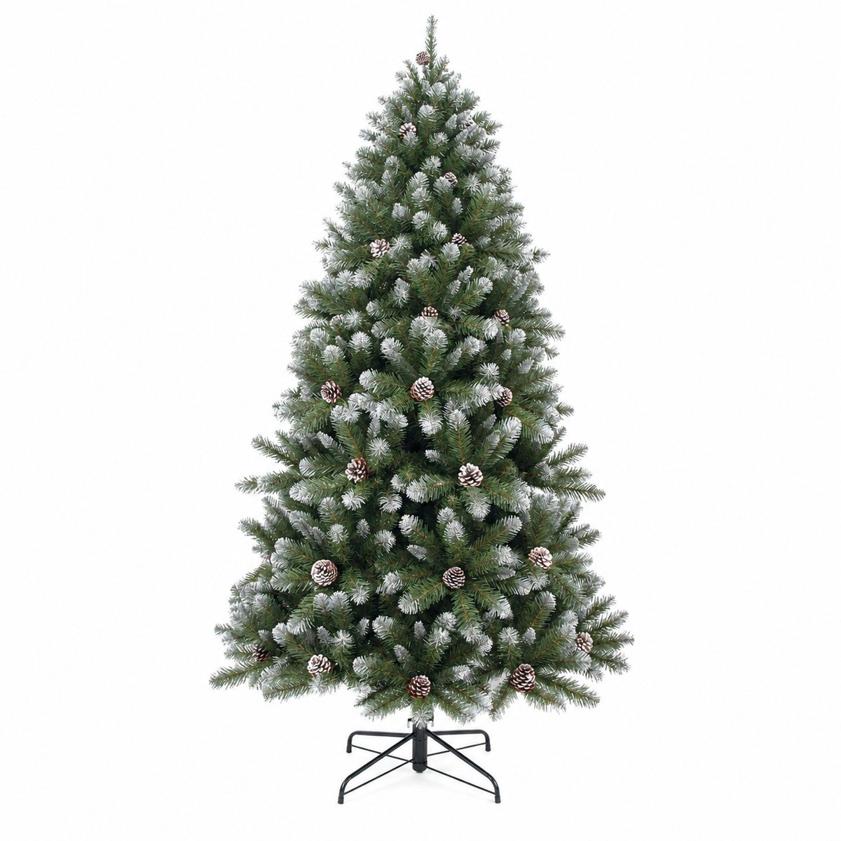 Black Box – Kunstkerstboom Besneeuwd Groen – 215 cm Hoog – Ø 119 cm – Met Dennenappels – Scharnierconstructie – Volle Luxe Kerstboom