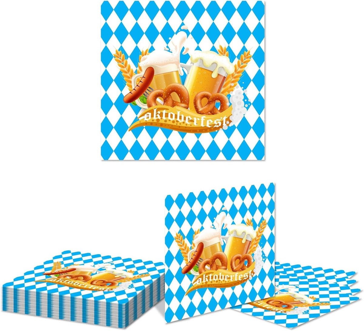 40 Stuks Papieren Servetten voor Oktoberfest - Blauwe en Witte Ruit Motief, Wegwerp Servetten voor Bierfeest en Feestdecoratie