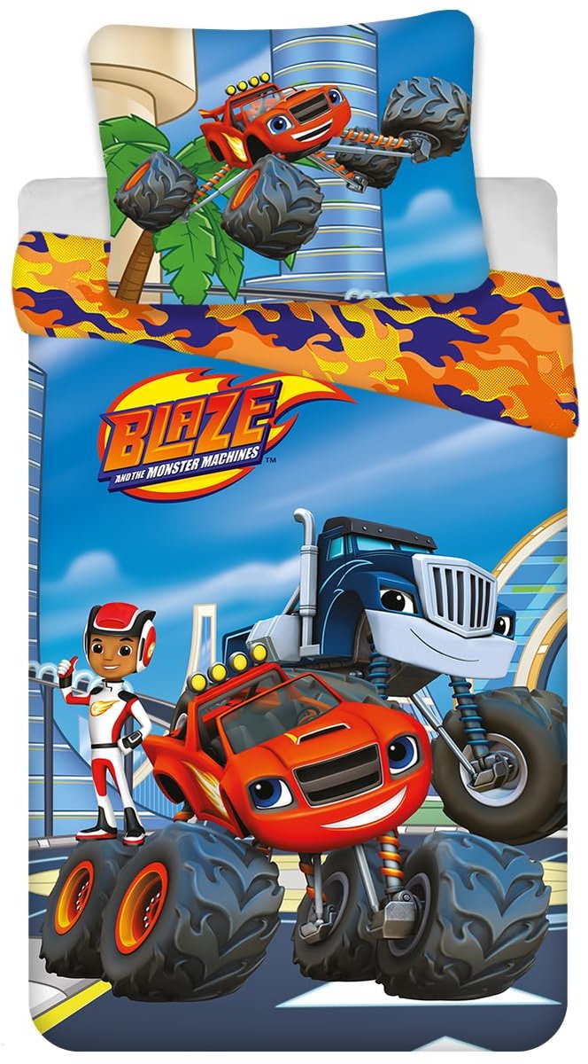 SnelShoppen - Blaze Monster Machines Babydekbedovertrek 100x135 + Kussensloop 40x60 - Kinderen Dekbedovertrekset - Speelse Autos - Kleur: Blauw - Perf