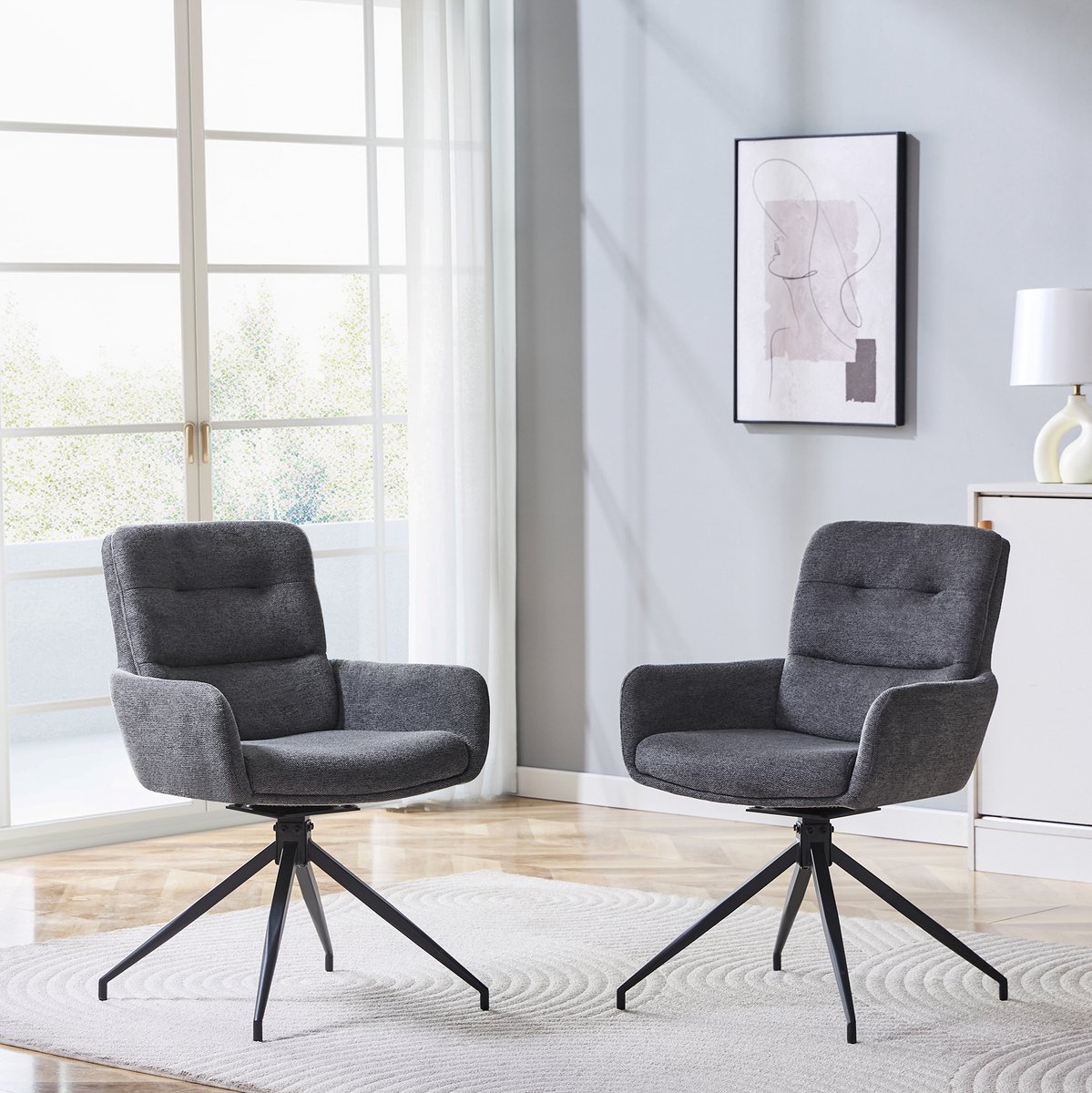 MEUNIQ draaibare eetkamerstoel set van 2, 85 cm, met armleuningen, donkergrijze stof en zwart metalen onderstel, voor eetkamer of ontspanningsruimte Dark Gray