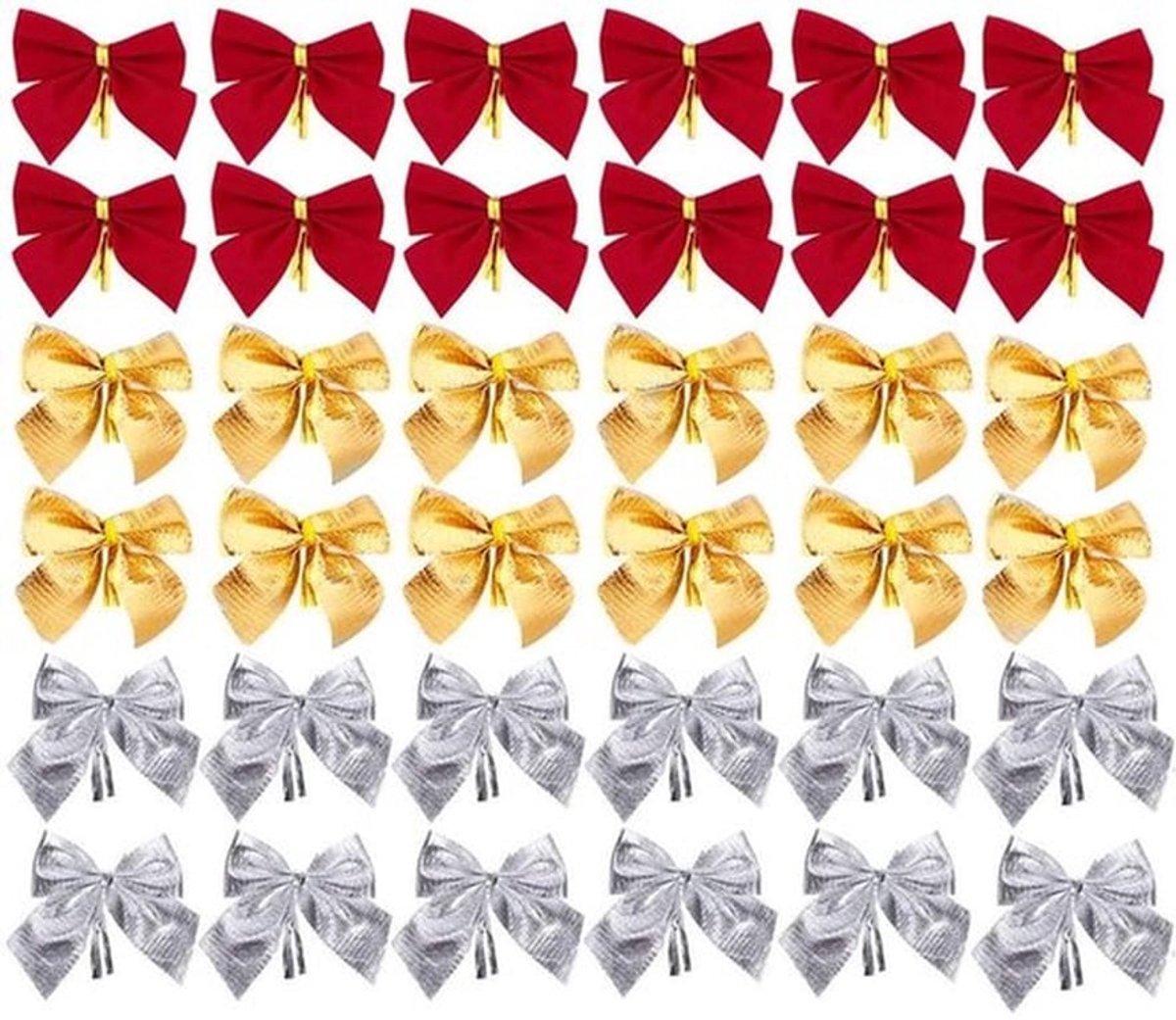 Kerststrik 36 Stuks - Decoraties voor Kerstboom/Hangende Decoraties - Goud/Rood/Zilver - Flocking Doek - Afmetingen 5x6 cm - Sfeervolle Versiering - Decoratiestrik