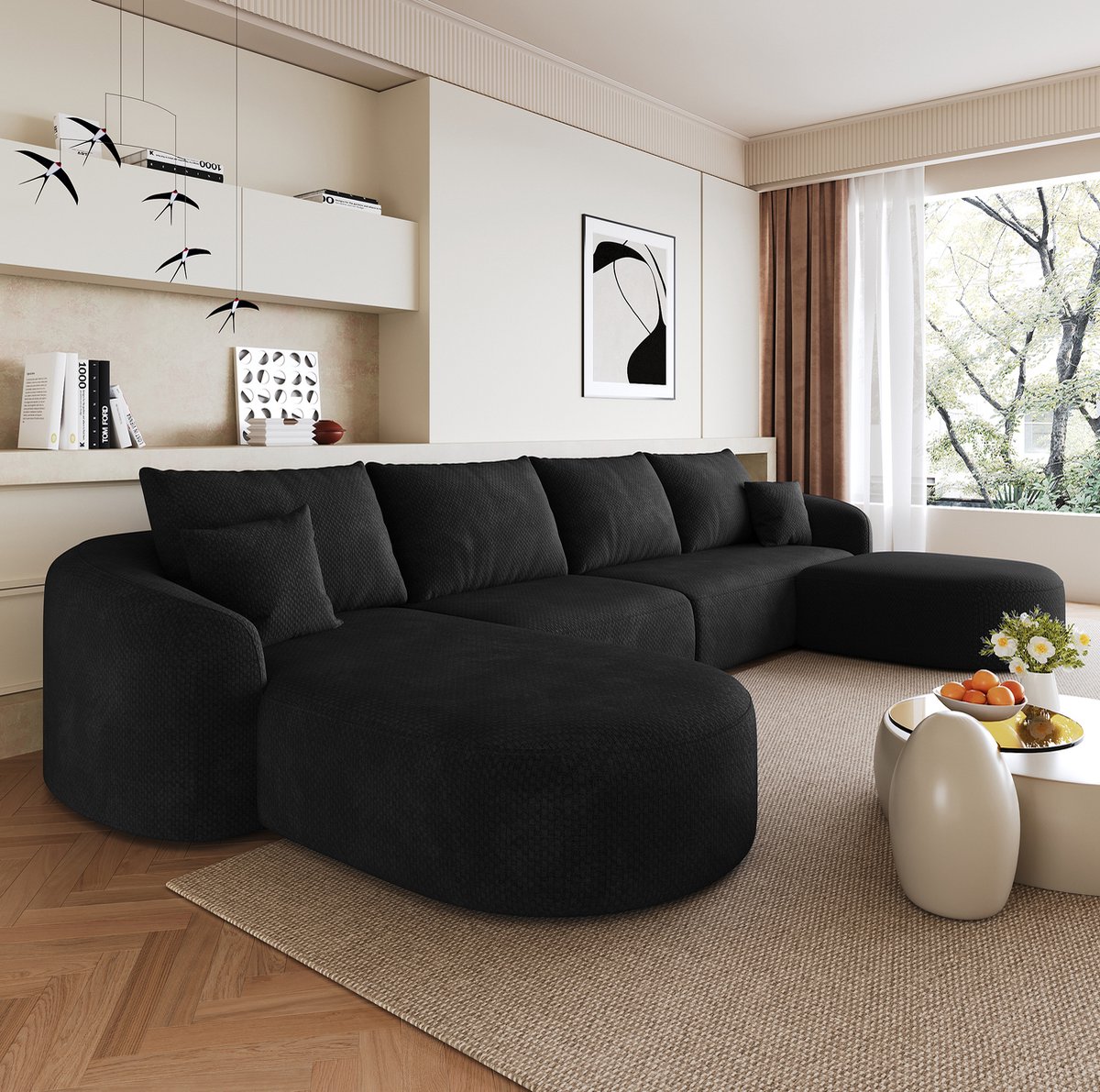 Wishdor U-bank 336 cm - Modulaire bank - Zonder montage - Design - Woonkamer en slaapkamer - Stof - Zwart - 336 x 168 x 85 cm