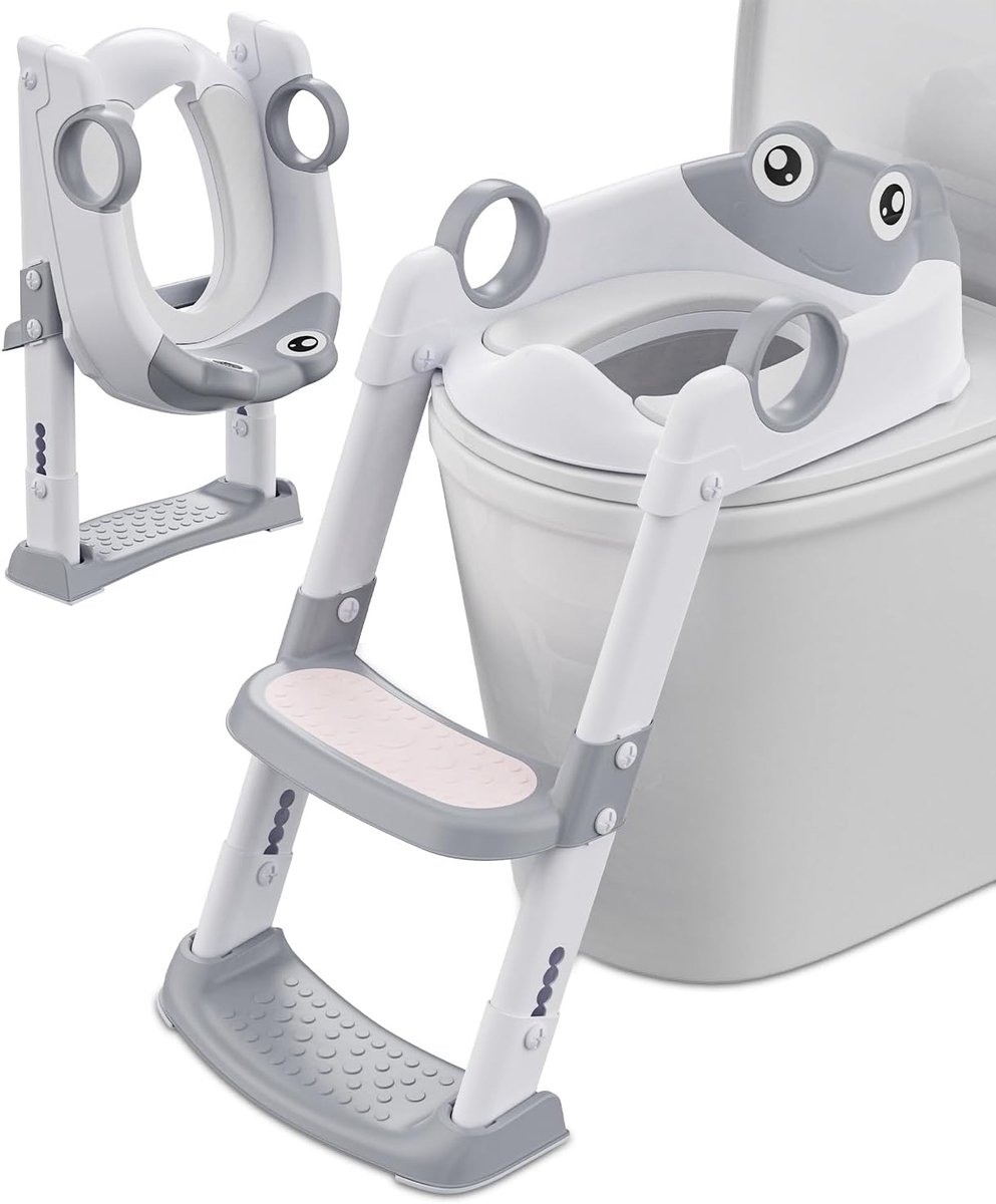 SnelShoppen - Toiletzitting voor Kinderen met Opstapje, Versterkte Hoogteverstelbaarheid, Opklapbaar, Spatwaterdicht en Antislip Voetplaat in Wit/Grij