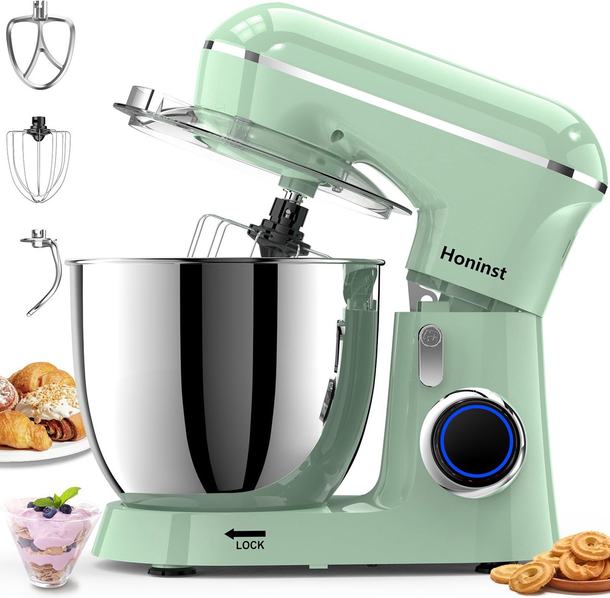 SnelShoppen Keukenmachine 1400W Kneedmachine met 10+ P-niveaus 6L Roestvrijstalen Kom Deegmachine met Garde Deeghaak Spatbescherming Groen I