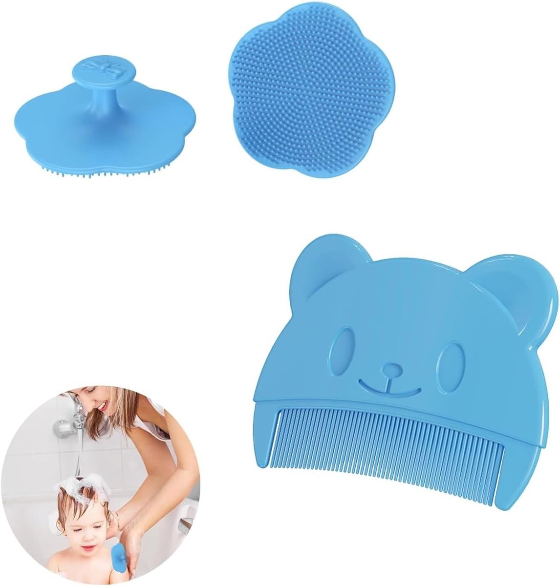 Zachte Siliconen Babyborstel en Kam voor Hoofdverzorging, Ideaal voor Baby's en Kinderen (Blauw)