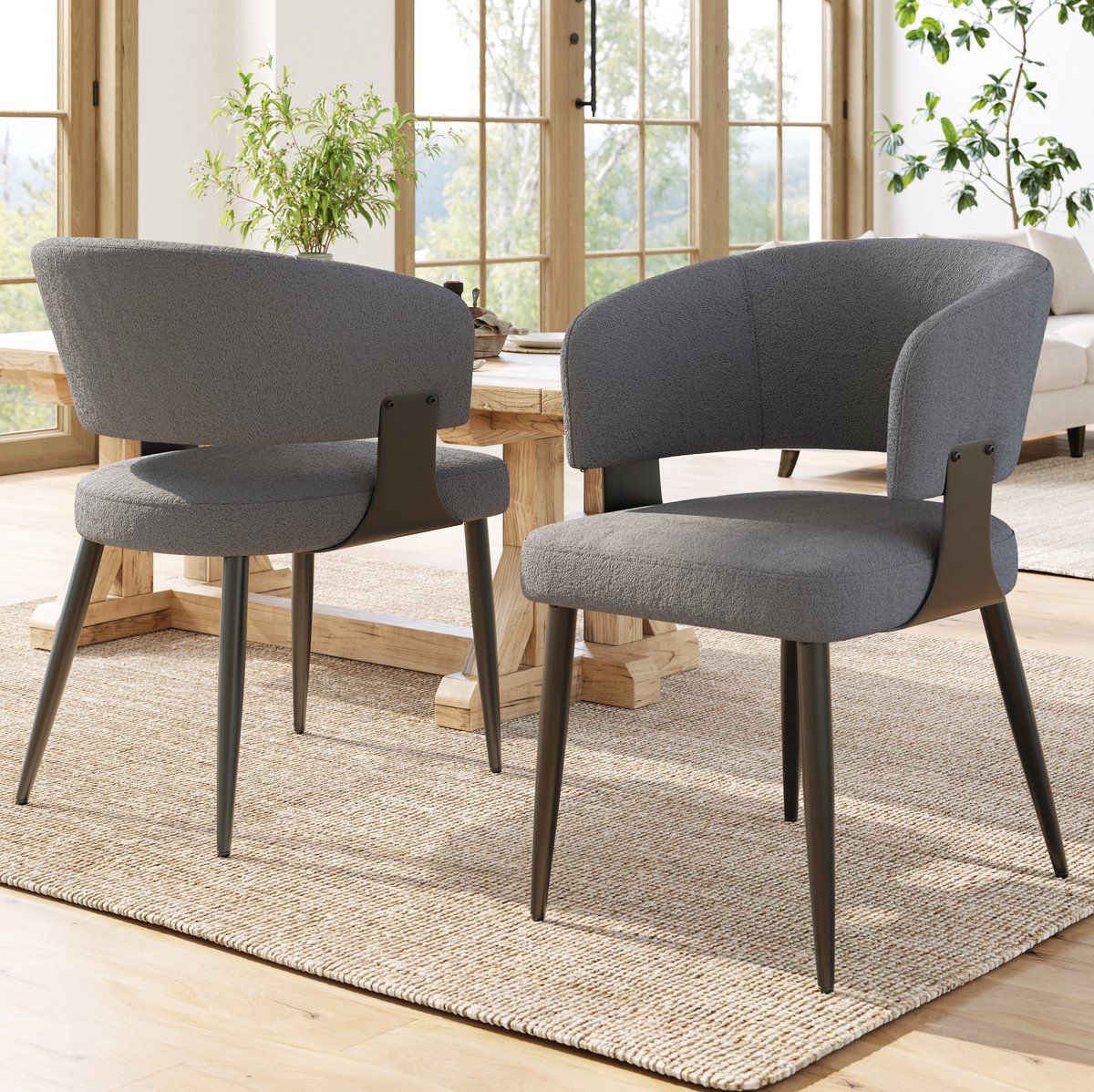 MEUNIQ eetkamerstoel set van 2 met armleuningen, gebogen rugleuning en metalen poten, flanellen stof, 59 x 46,5 x 81,5 cm, grijs