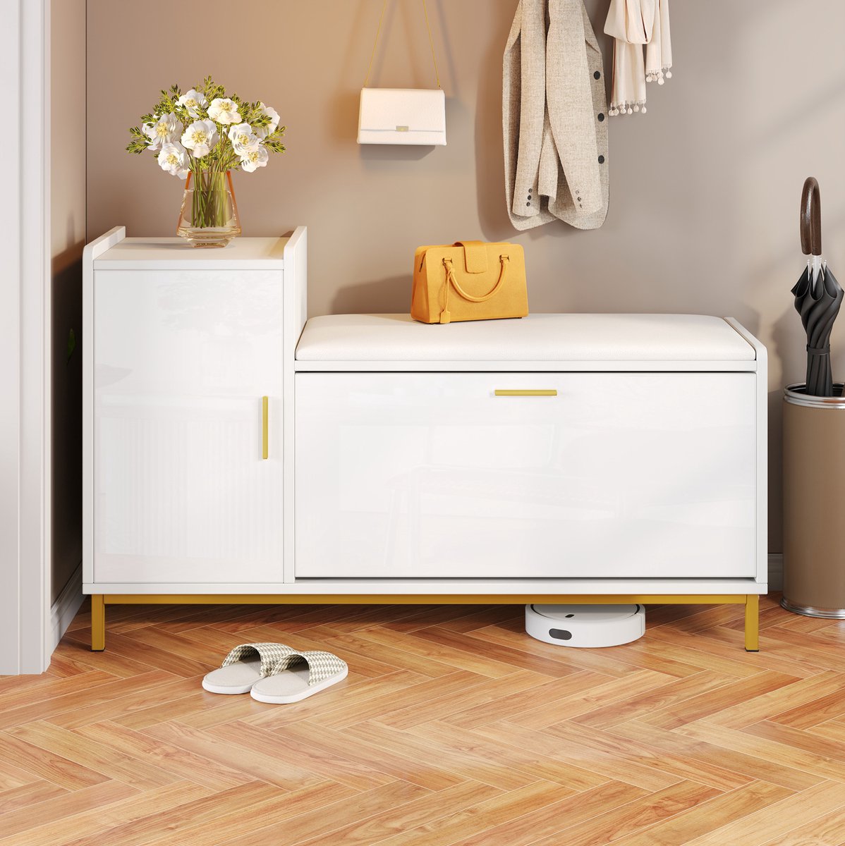 COVREO Schoenenkast 100 x 38 x 68 cm - wit goud, hoogglans, met zitvlak en opbergruimte