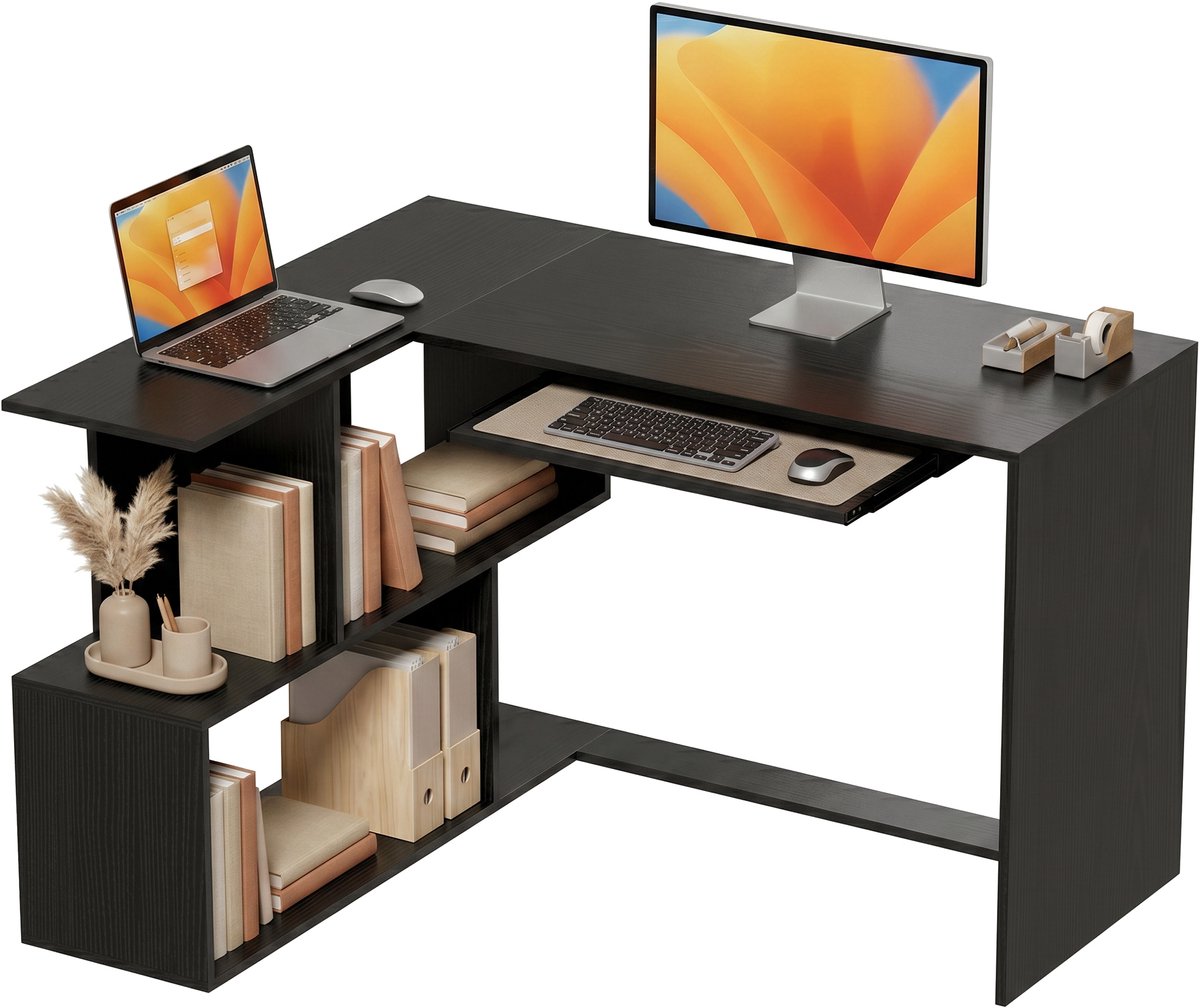 TEKROA® Bureau - Hoekbureau L-Vormig Computerbureau met Toetsenbordhouder en 4 Open Vakken - 120x100x76 cm - zwart