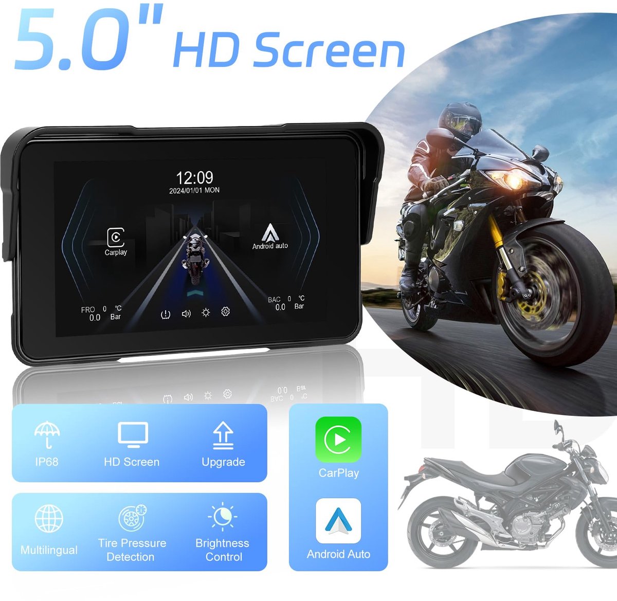 SnelShoppen - Draadloze CarPlay en Android Auto Motor GPS - 5" Draagbaar Waterdicht Touchscreen - IP68 Bluetooth Navigatie met Siri/Google Assistant