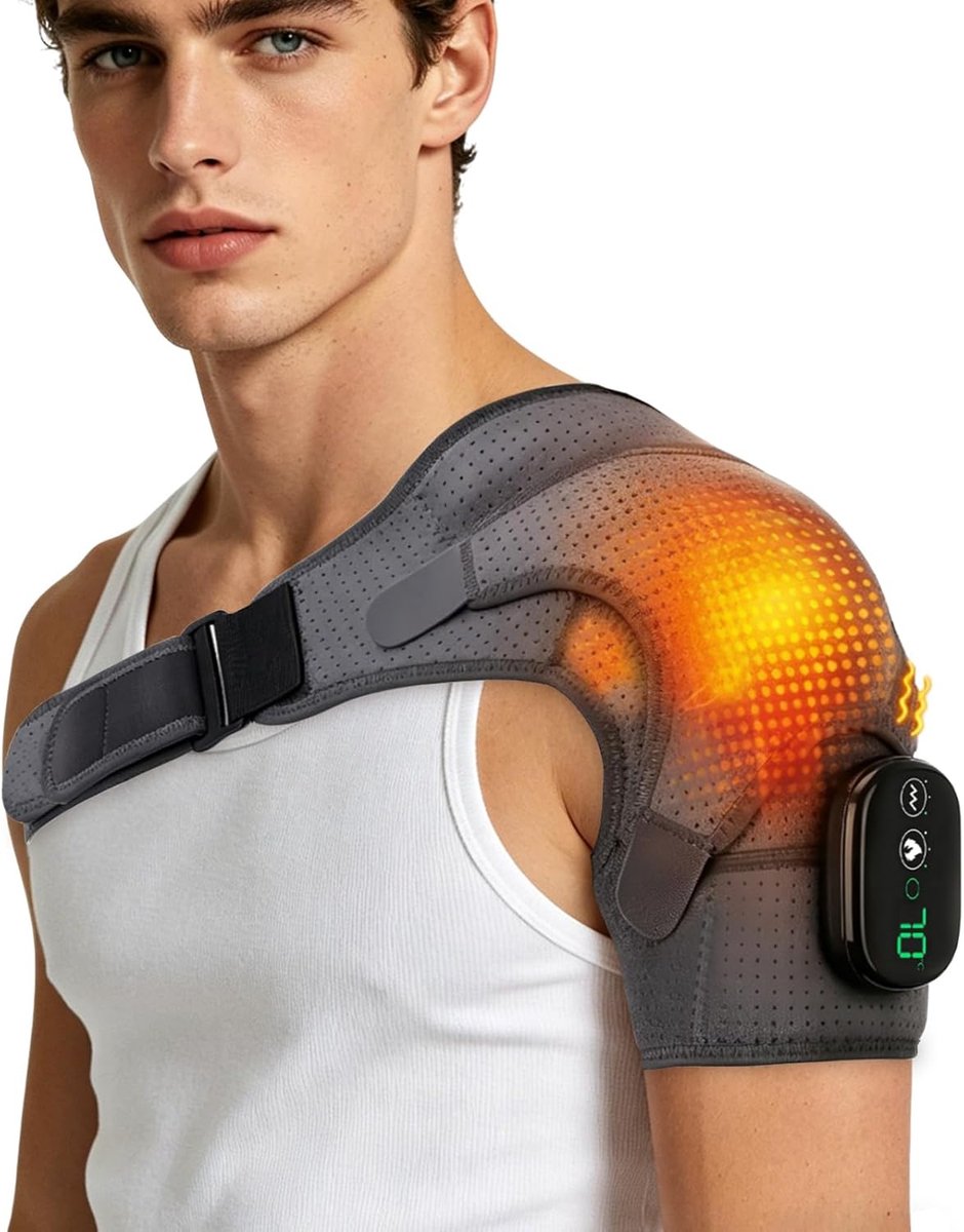 SnelShoppen - 3-in-1 Schoudermassageapparaat met Verwarmingskussen, 3 Verwarmingsniveaus en 3 Vibratiemodi, Oplaadbaar voor Ontspanning Thuis of onder