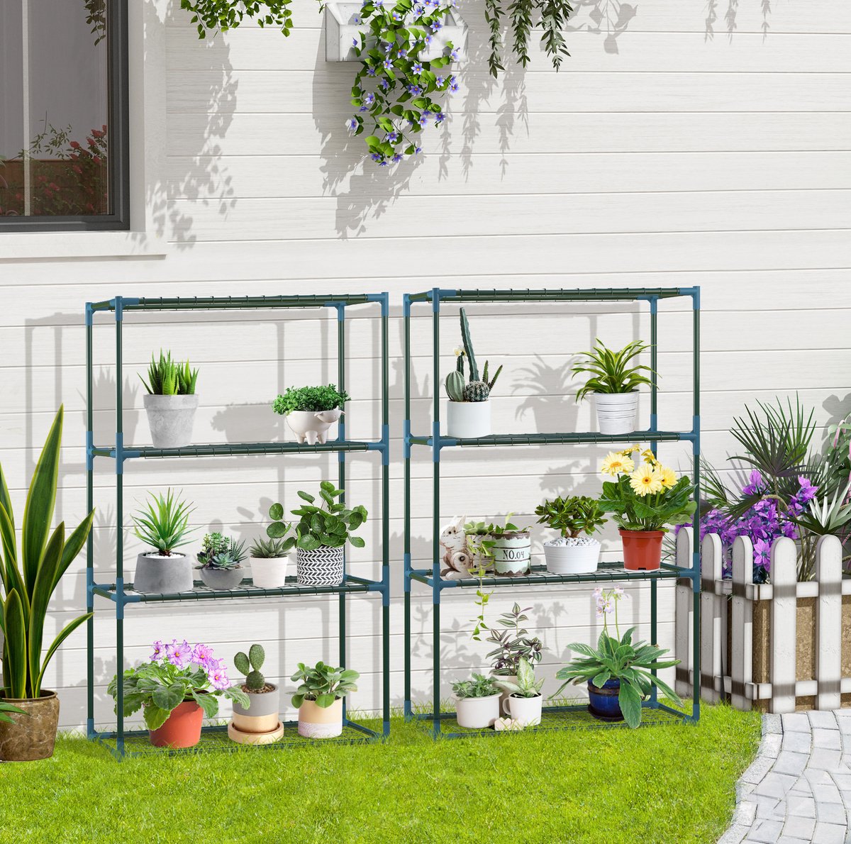 STILVORA Plantenrek 2 Delig Vier Etages Staal Groen 70 X 27 X 110 Cm Voor Balkon En Tuin Met Stevig Frame En Flexibel Gebruik Voor Planten En Kruiden