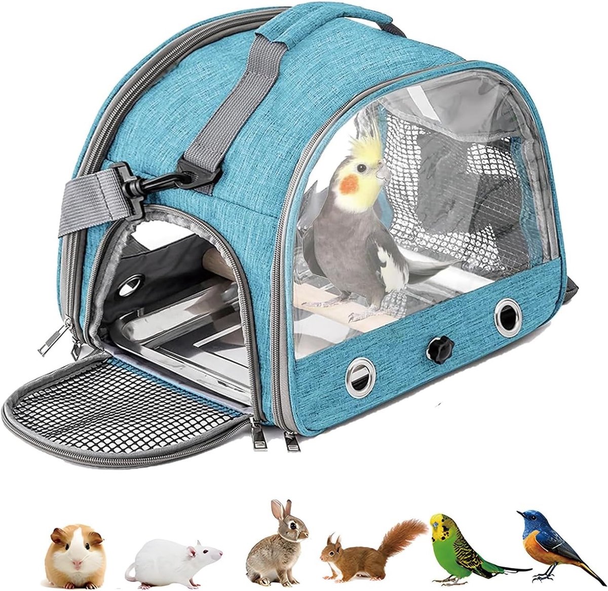 Draagbare Transporttas voor Vogels met Roestvrijstalen Stang en Bak, Ideaal voor Papegaaien en Kleine Dieren, Blauw en Handig voor Reizen