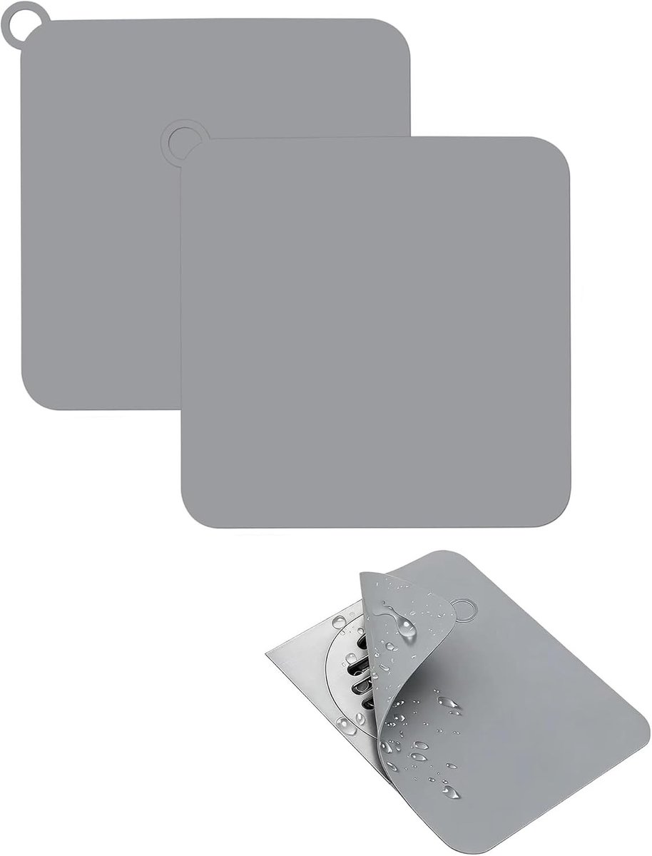 Effectieve siliconen stoppen voor vloerafvoer, 20 x 20 cm, afdichting voor douche, wastafel en toilet, 2 stuks, grijs, voorkomt geurhinder en lekkages
