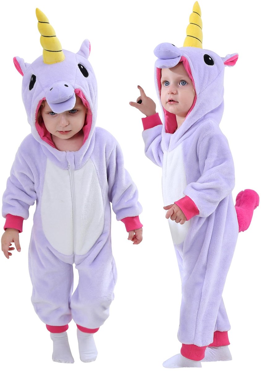 SnelShoppen - Doladola Rompers Onesies Jumpsuits met Capuchon voor Baby Meisjes en Jongens, Dierenprint, Paarse Eenhoorn, 6-12 Maanden, Perfect voor H