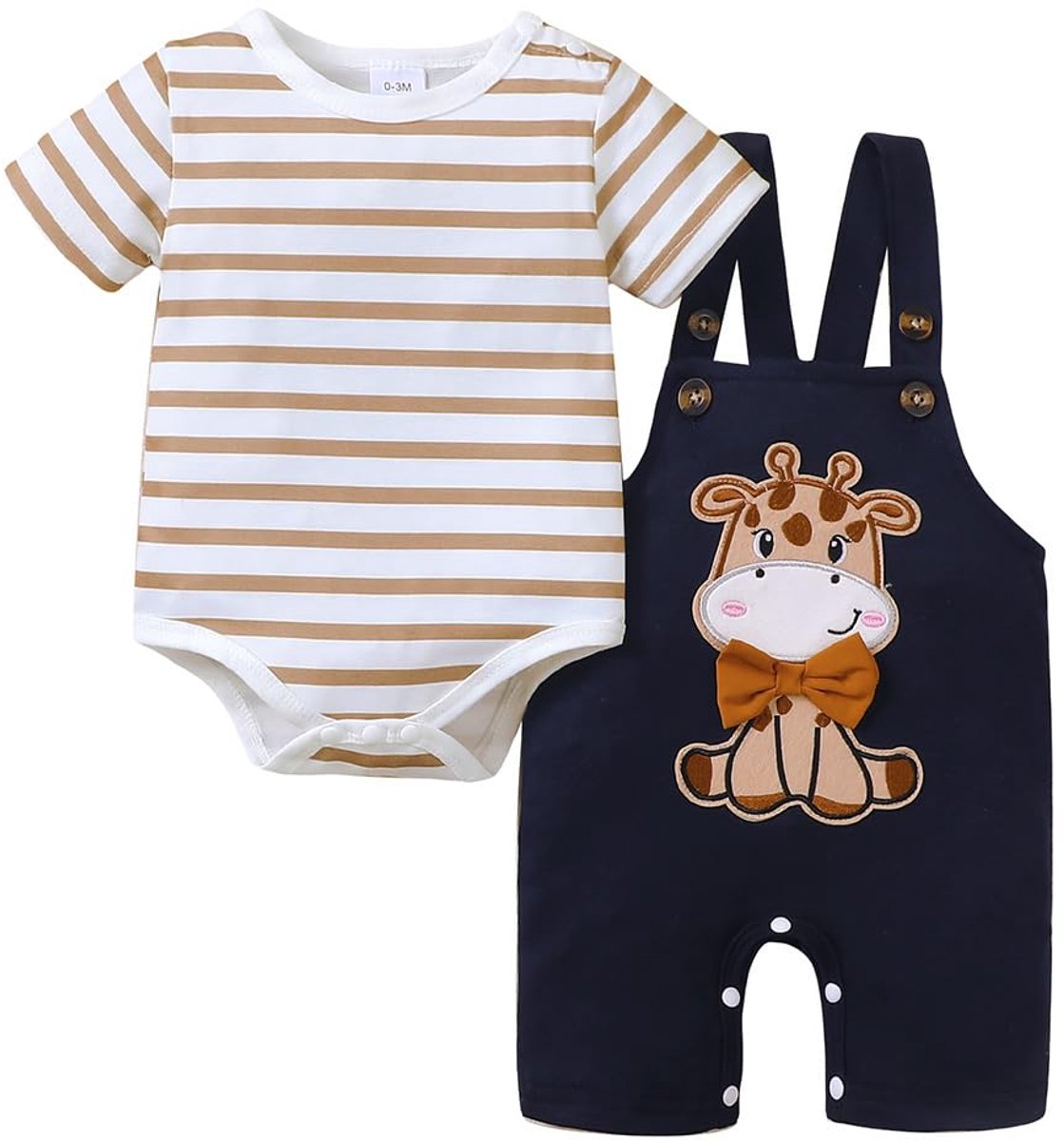 SnelShoppen - Babykleding jongens lange mouwen gestreept met dinosaurus-opdruk overall verstelbare bretels Bruine giraf 3-6 maanden voor feestjes en d
