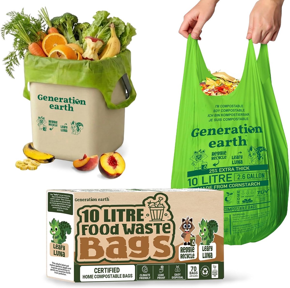 70 stuks - 10 L zakjes - Met knoophengsels - OK compost HOME gecertificeerd - GFT - Extra sterk - Keuken gft-zakjes - ShopVlot