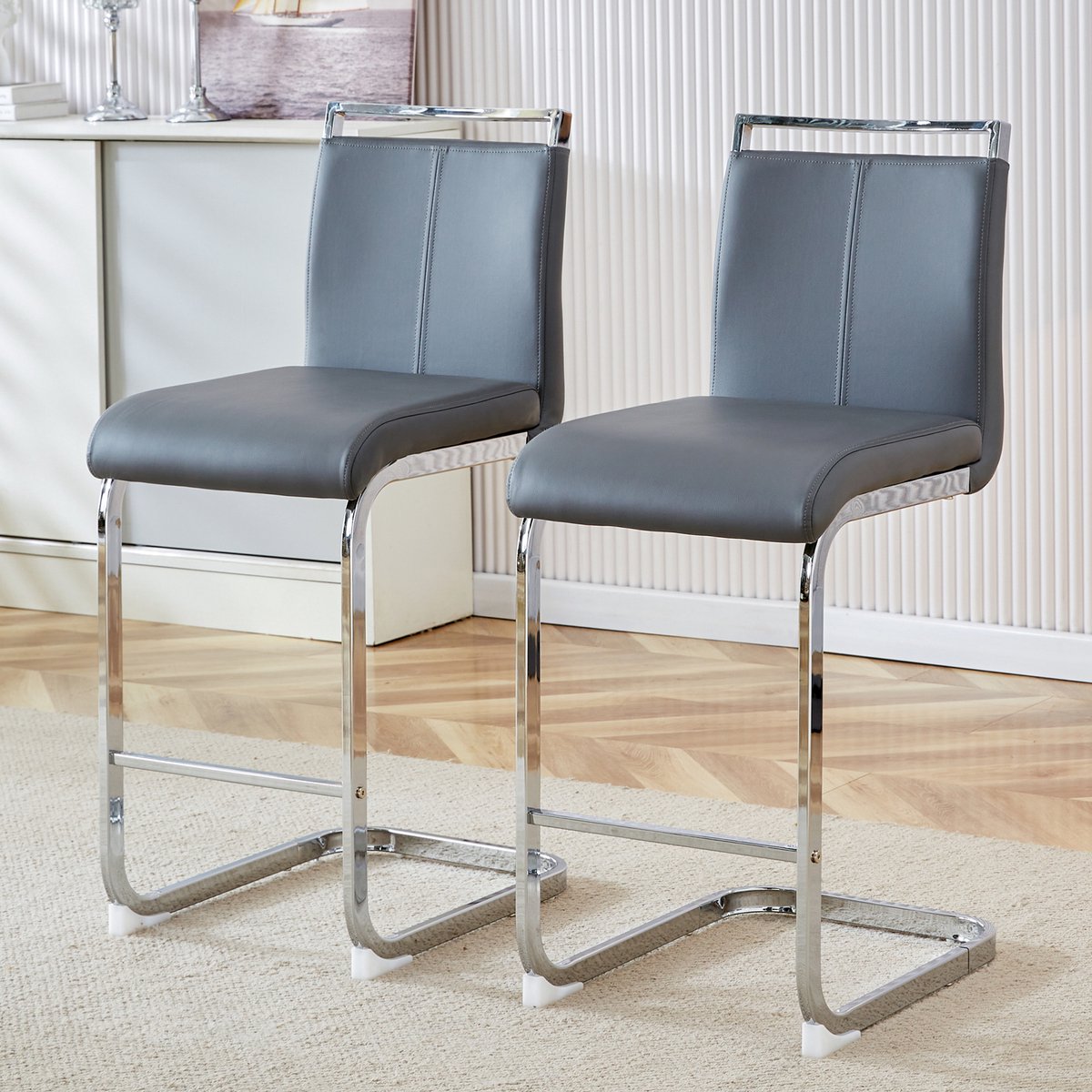MEUNIQ barkruk set van 2 met rugleuning, PU leren zitting, metalen onderstel en barhoogte voor keuken, restaurant of terras in donkergrijs en zilver Dark Gray