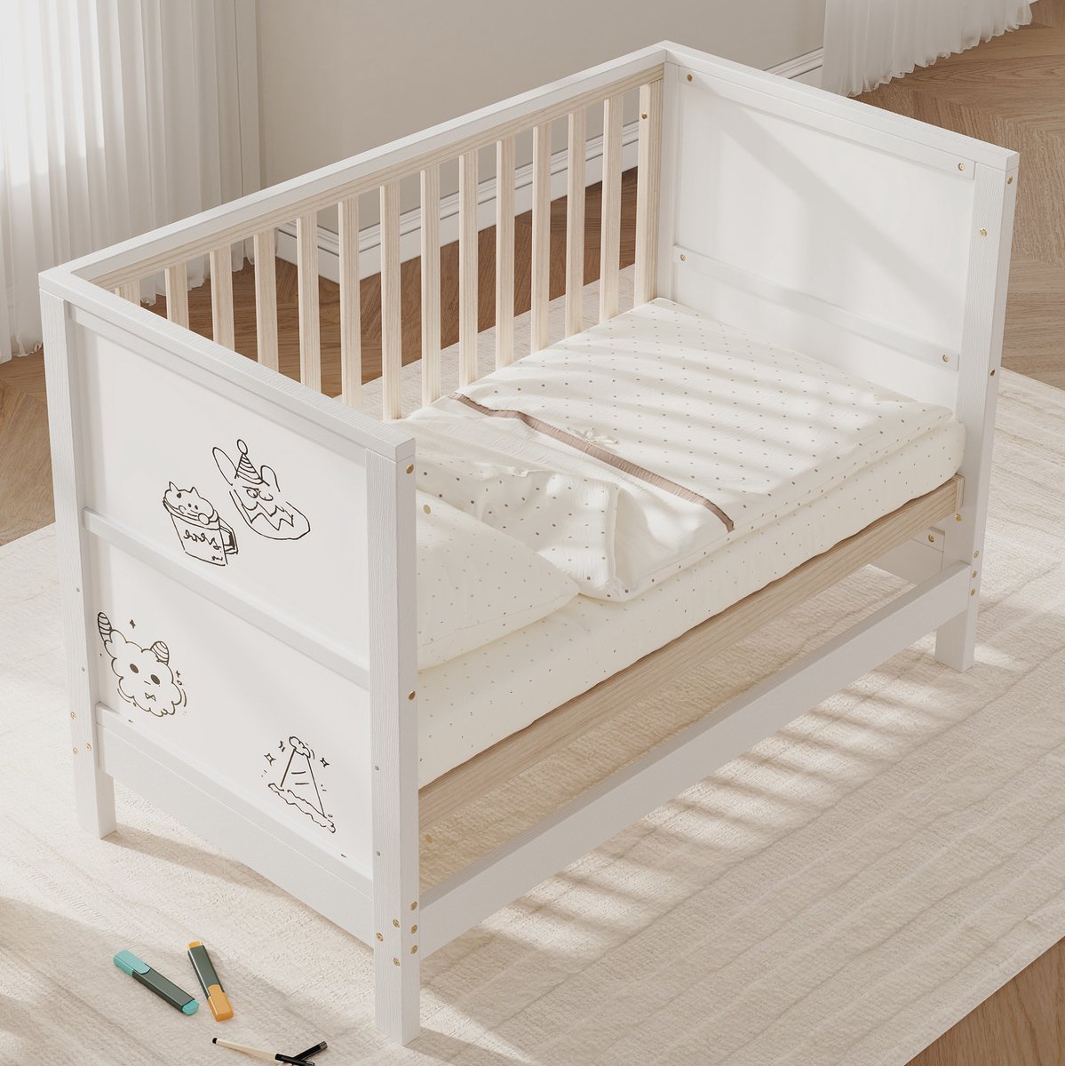 COVREO Babybed 120x60x90 cm - wit en naturel, 3-voudig verstelbaar en omvormbaar