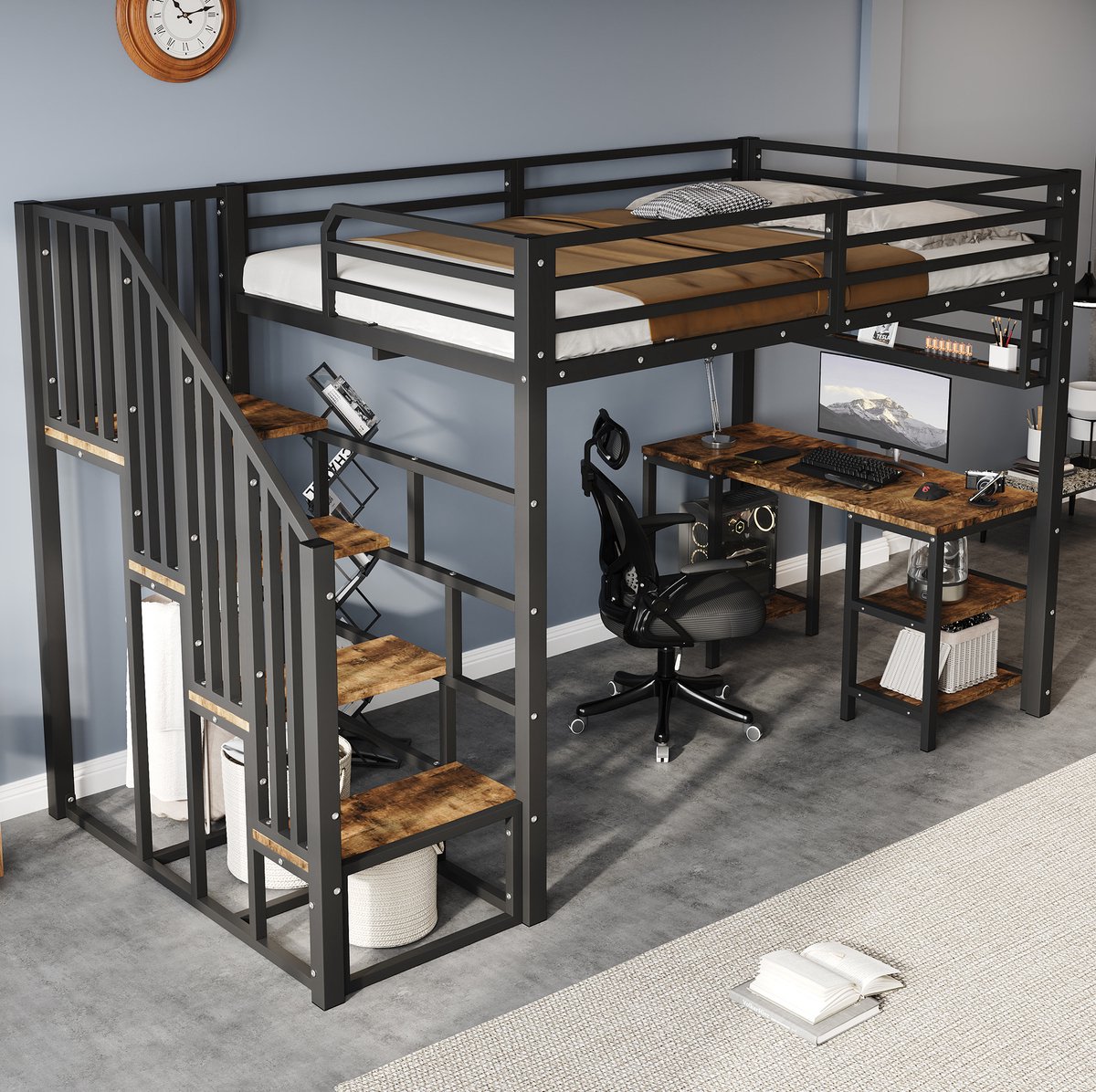COVREO Hoogbed met bureau – 120x200 cm – Bedframe met trap en handgrepen – voor kinderkamer – Zwart en donker walnoot - zonder matras