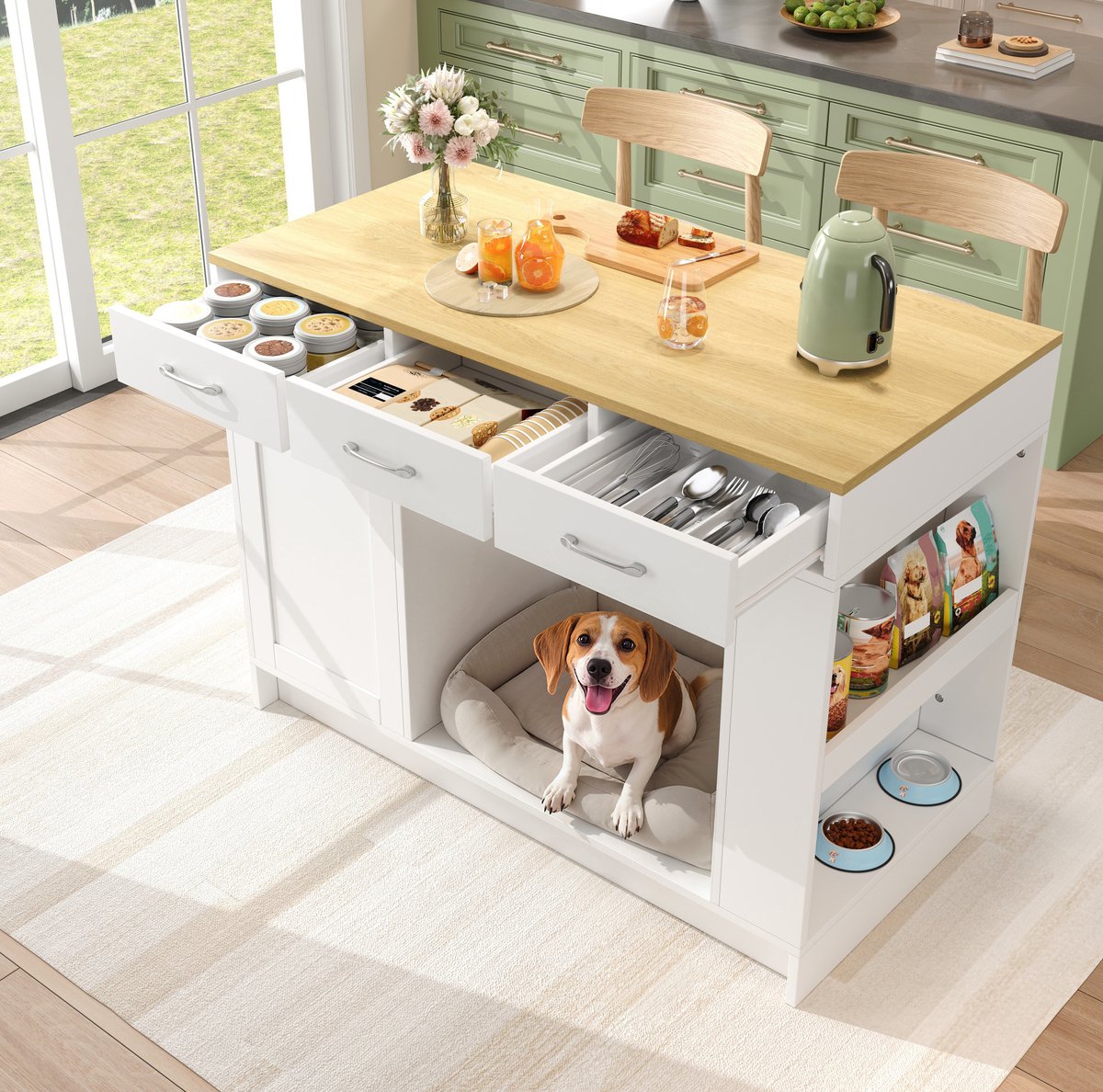 DESMIU Keukenkast - Keukeneiland Met 3 Laden En Kruidenrek - Met Verstelbare Plank En Open Huisdierenruimte - MDF - 120x60x90 Cm - Wit