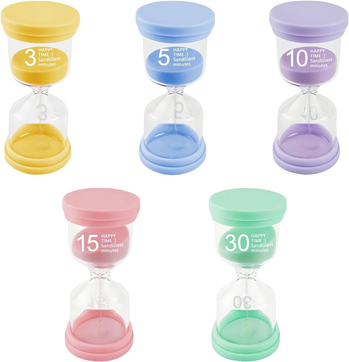 Set van 5 Kleurrijke Zandlopers voor Kinderen - Timer voor Tandenpoetsen, Leren en Koken - Creatief Cadeau voor Thuis en Kantoor