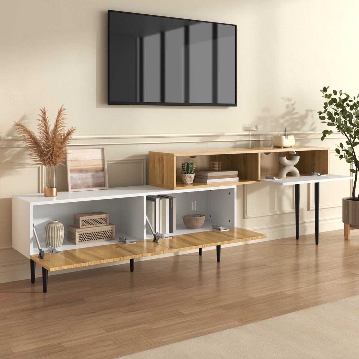 Moderne uitschuifbare tv meubel - modulair tweedelig ontwerp - multifunctioneel woonkamermeubel - houtkleur en wit