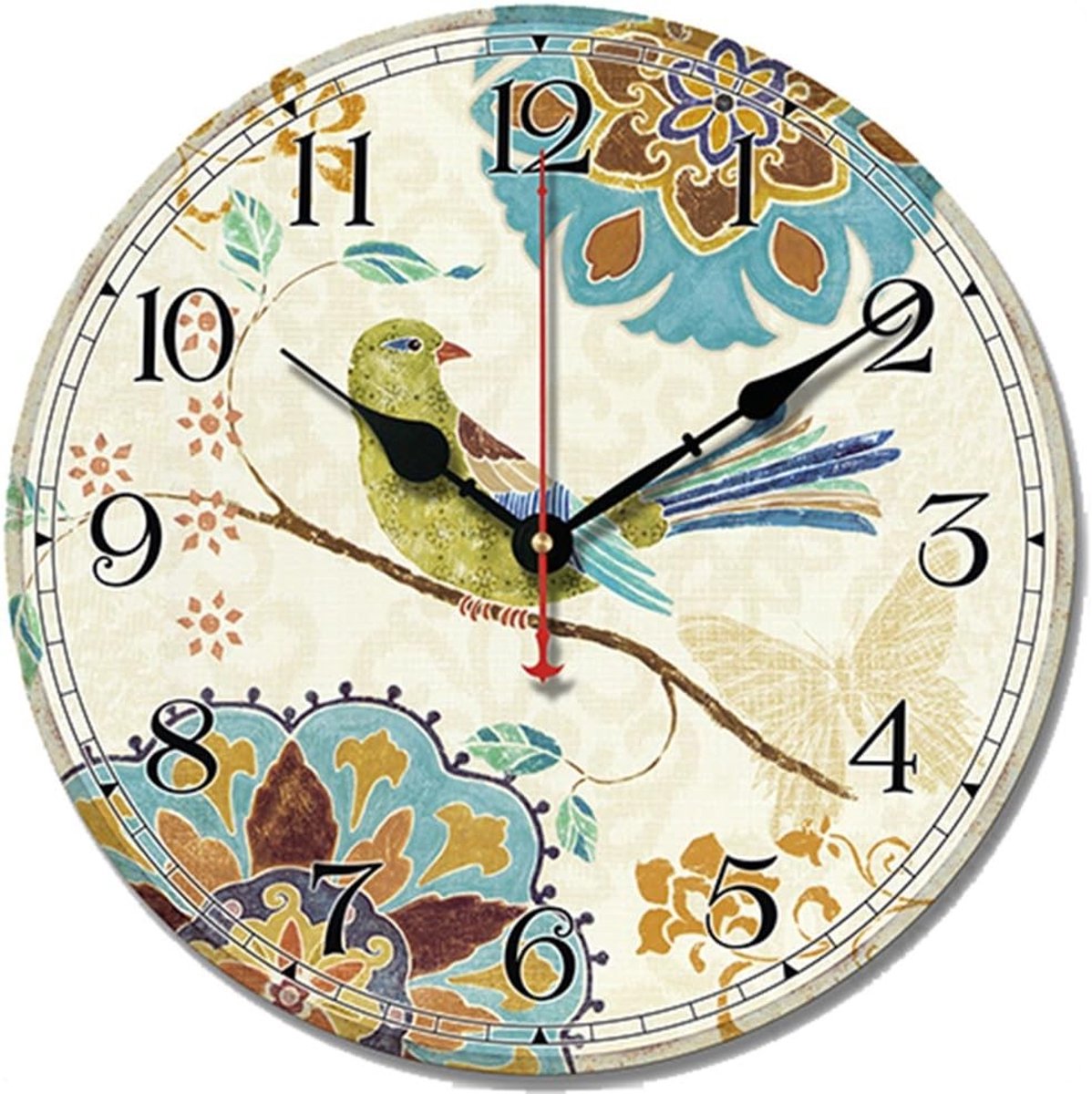 Kleurrijke Wandklok met Vogel en Bloemen, Stijlvol en Geluidloos voor Woonkamer en Interieurdecoratie