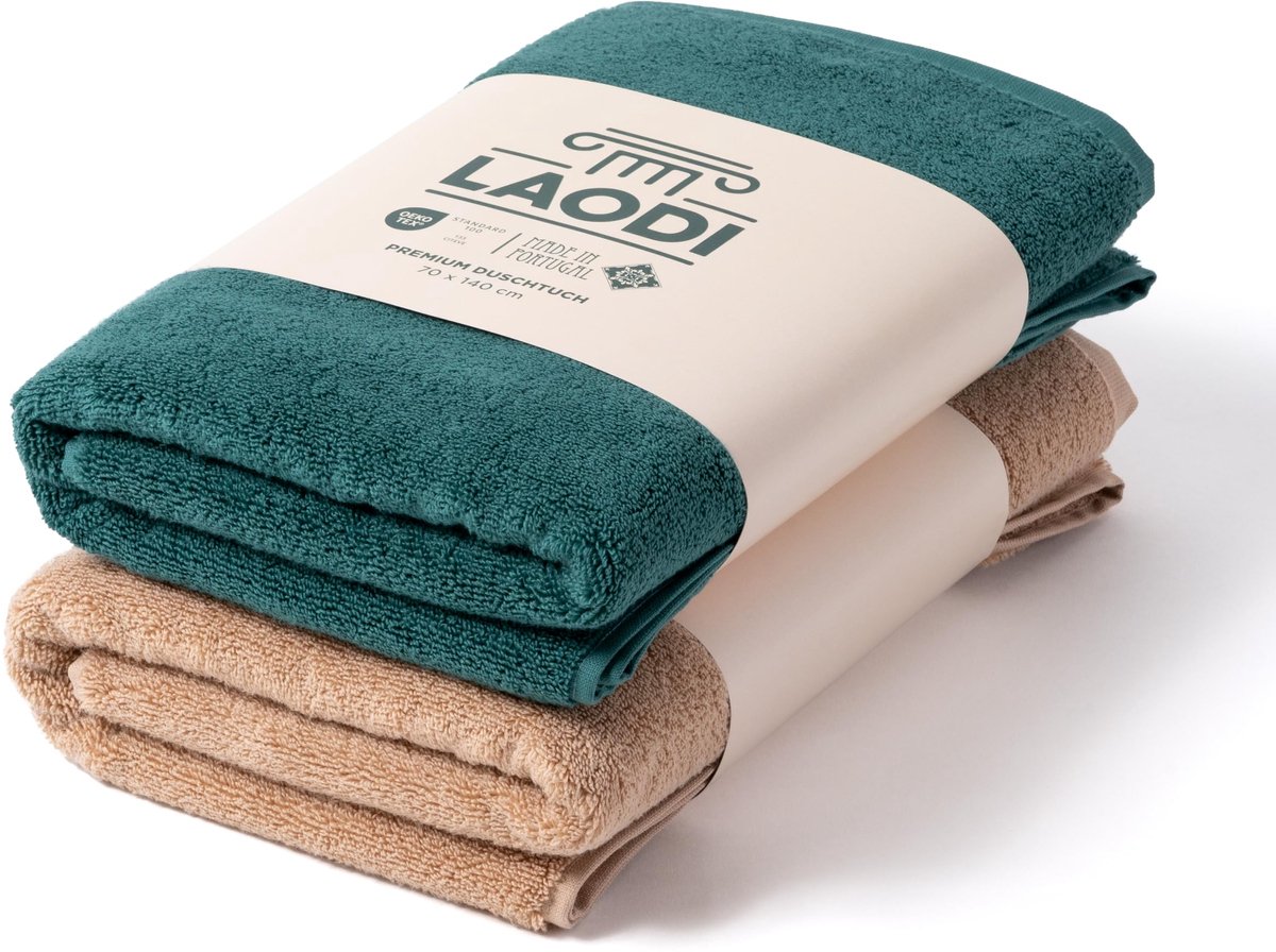 SnelShoppen - Premium Tweekleurige Badhanddoek Set 2 pcs 70x140 cm - 100% Katoen - 570 GSM - Forest Green & Honey Peach - Luxe Badlinnen voor Thuis, W
