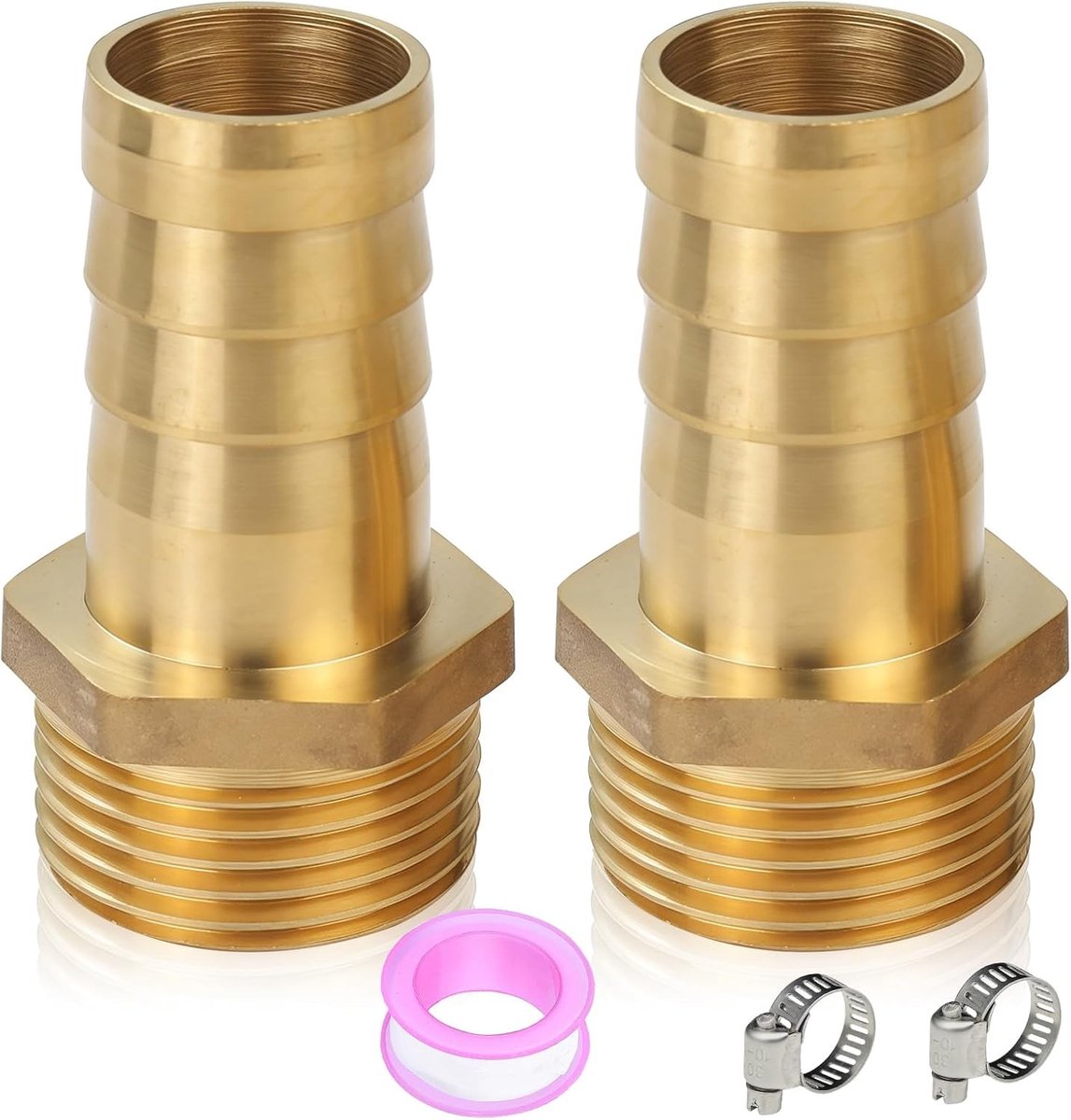 Set van 2 messing slangaansluitingen 1 1/4 inch AG met 38mm schroefaansluiting, inclusief 2 slangklemmen en 5 meter afdichtband voor betrouwbare verbindingen