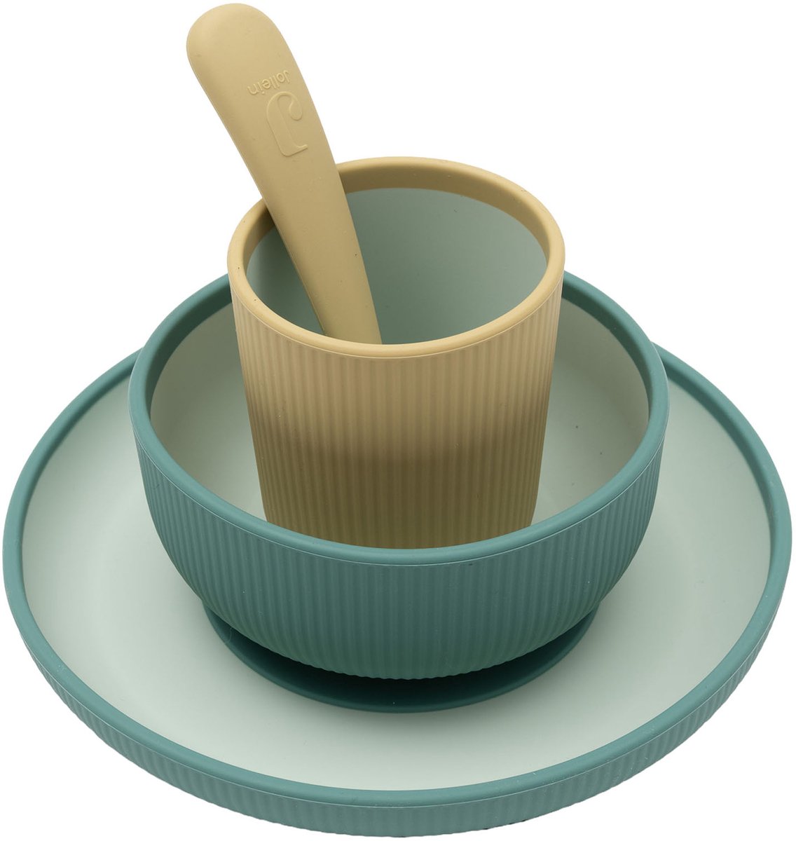 Jollein Kinderserviesset Siliconen - met Bord, Kom, Beker - Jade Shades