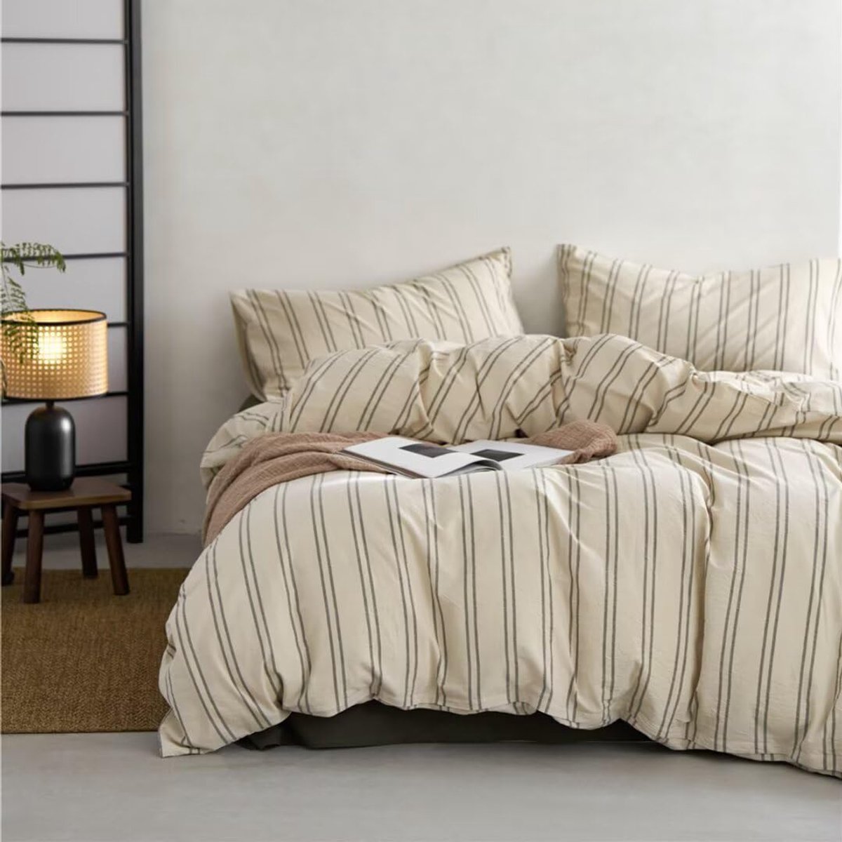 SnelShoppen - Ruccit Beige Dekbedovertrek Set Tweepersoons - Groen Gestreept 100% Gewassen Katoen - Crème Modern Beddengoed voor Kinderen en Tieners -