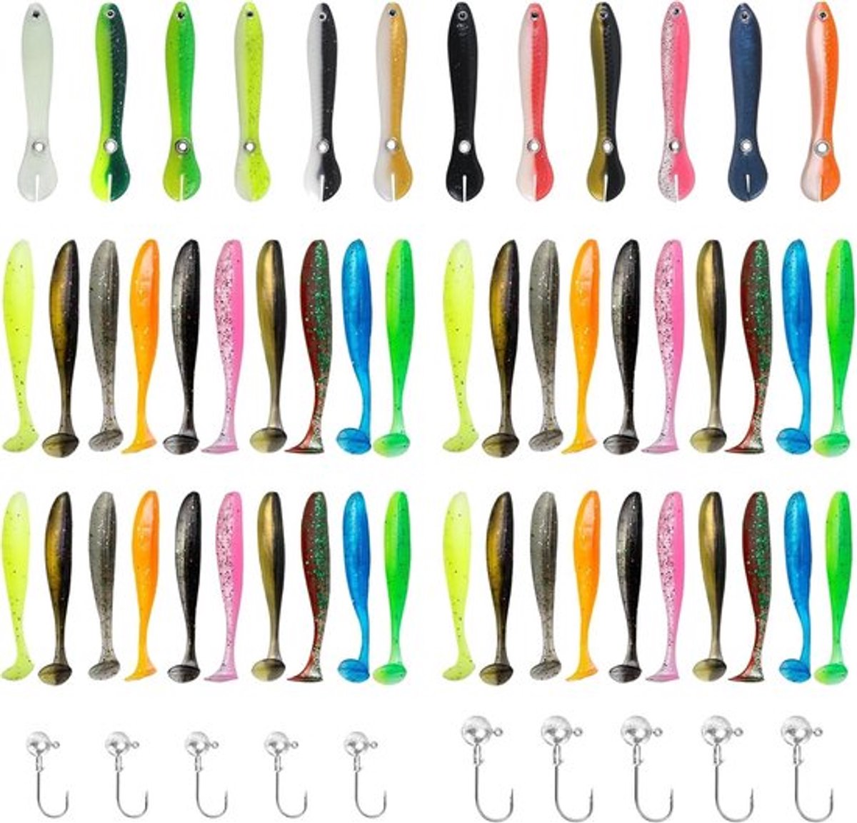 Kunstaas Set 55 Stuks - Zachte Kunststof Vissen - Jigkoppen - Vishaken - Geschikt voor Snoek/Forel/Baars - Realistisch Uiterlijk - Vissenspeeltje
