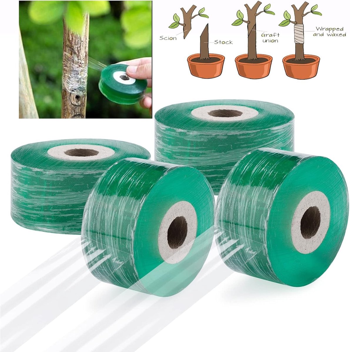 Transparante Graft Tape Set van 4, Biologisch Afbreekbare Plakband voor Planten, Zelfklevende Tuin Tape voor Bomen en Bloemen, Ideaal voor Plantreparatie en Vermeerdering