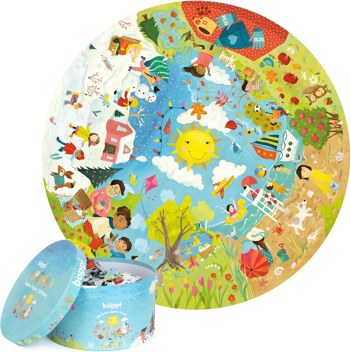 SnelShoppen - Rond Puzzel 150 Stukken Kinderen 3-8 Jaar, 100% Gerecycled Karton, Seizoenen Lente Zomer Herfst Winter, Diameter 58 cm