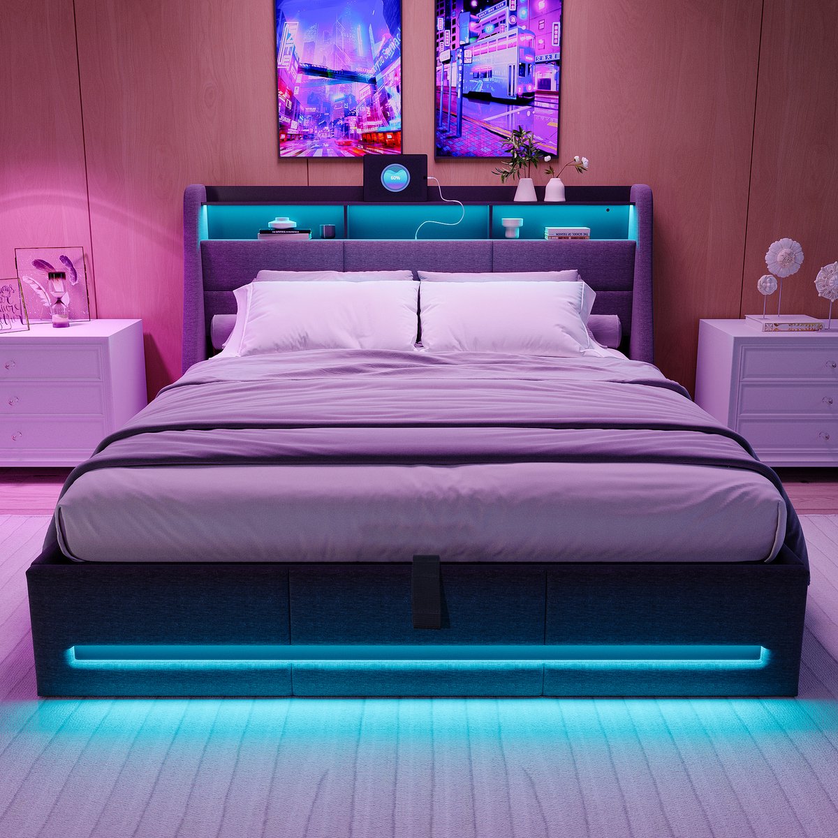 ROSAHQNDA Tweepersoonsbed 160x200 cm, volwassen opbergbed met gasveer en led verlichting, gestoffeerd bedframe met lattenbodem, linnen bekleding grijs, zonder matras