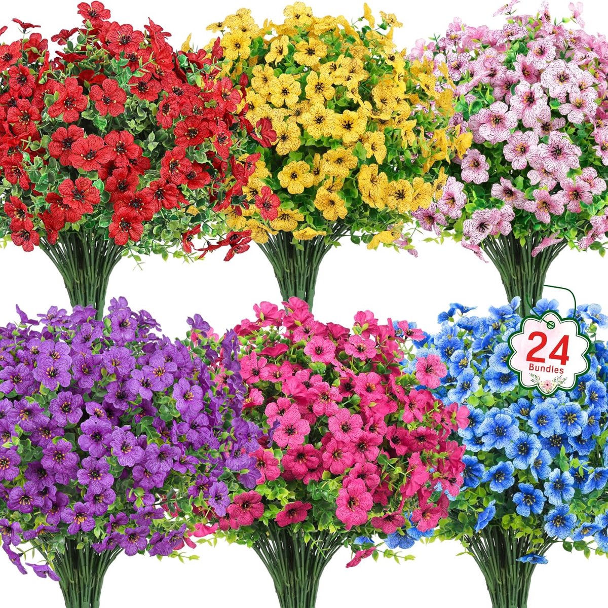 Kunstbloemen voor Buiten - Zijden Bloemen UV-bestendig - voor Tuin, Vensterbank, Vaas, Binnen & Buiten - Meerkleurig - 24 Stuks