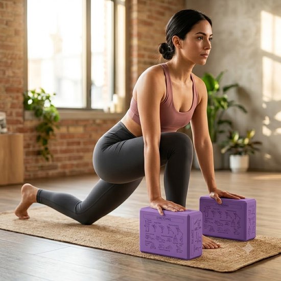 Paarse Pilates blokken yoga blokken set unisex 2 delig EVA schuim antislip yogablokken met yogahouding gids op 6 zijden afgeschuinde randen voor yoga pilates meditatie stretching en balans — afbeelding 4