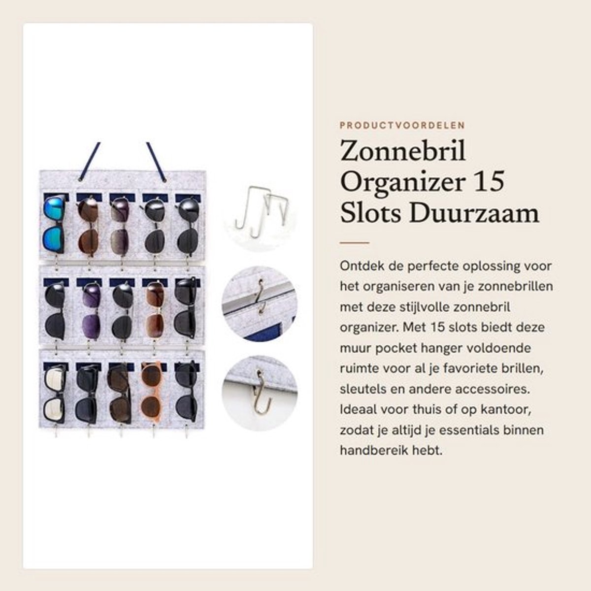 Zonnebril Organizer 15 Slots - Brillenkoker - Brillendoos - Wandopslag - Afneembaar - Vilt Muur Pocket Hanger - Brillenhouder