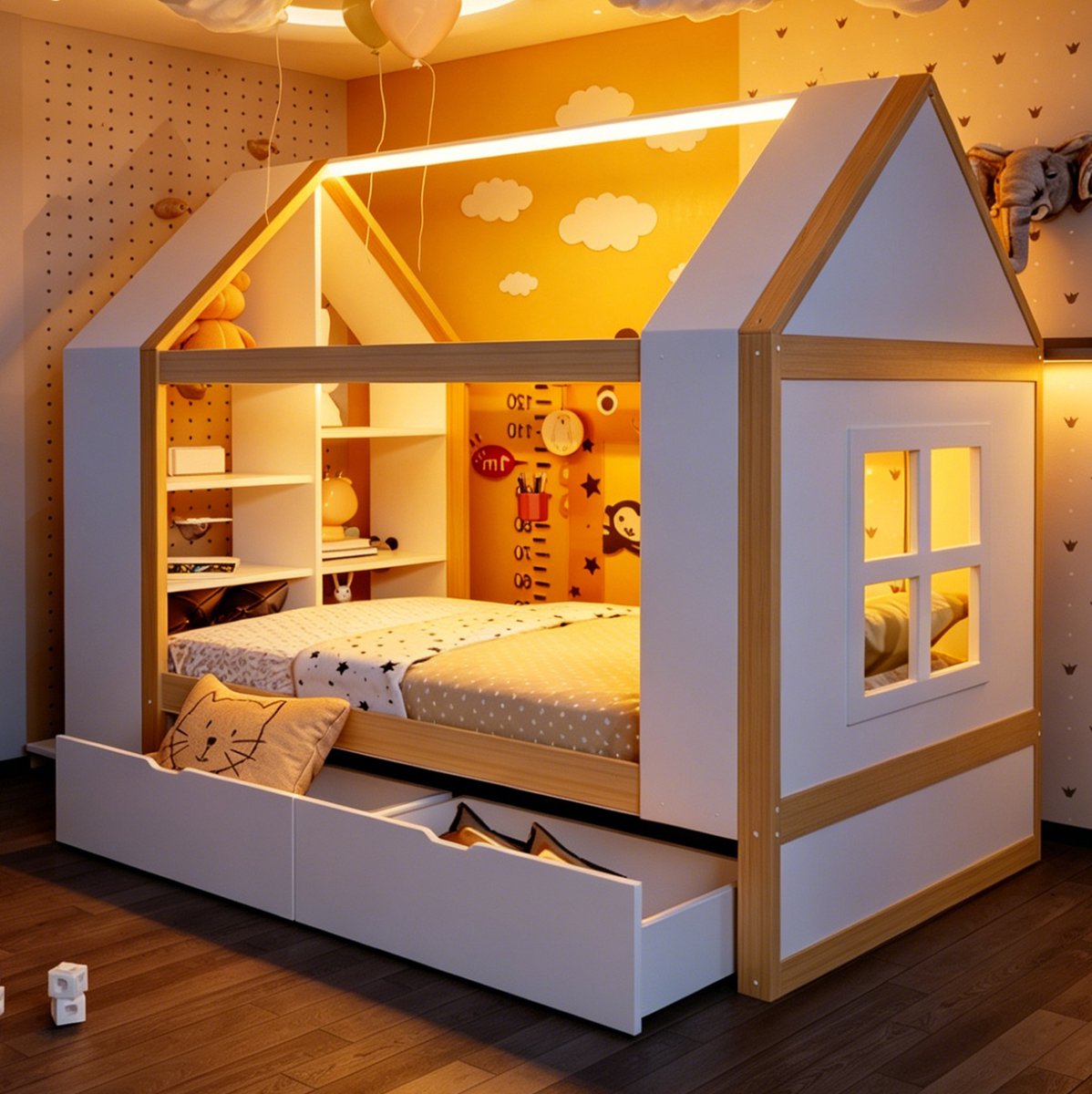 Wishdor Kinderbed 90x200 cm - Huisvormig design - Met lades en verlichting - Met opbergruimte - Voor kinderen - Hout en MDF - Wit en naturel