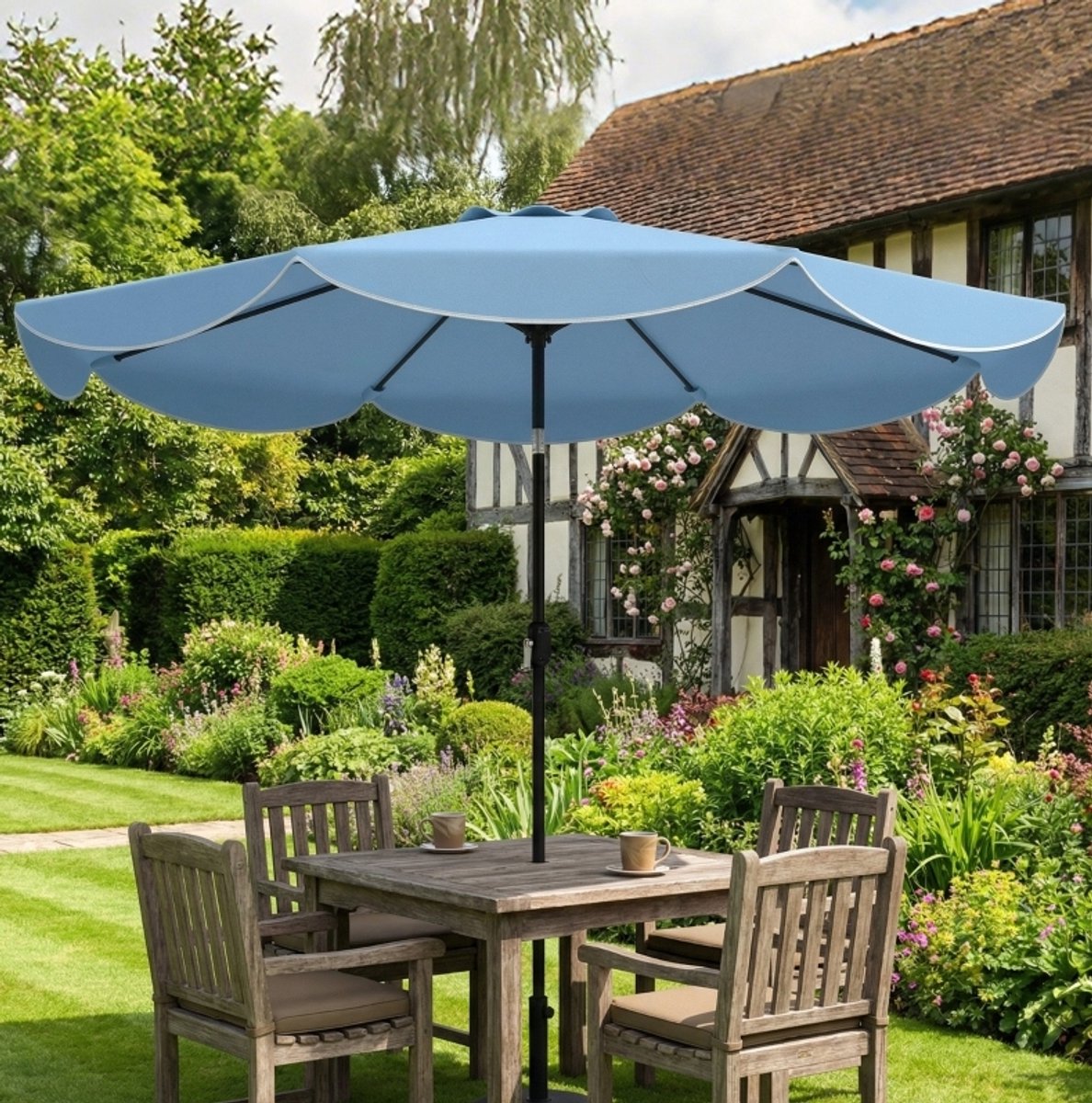 Wishdor Ronde stokparasol - 3-voudig kantelbaar - Met kurbel - Metalen frame - Voor balkon en tuin - hemelsblauw - Ø265 x 235 cm