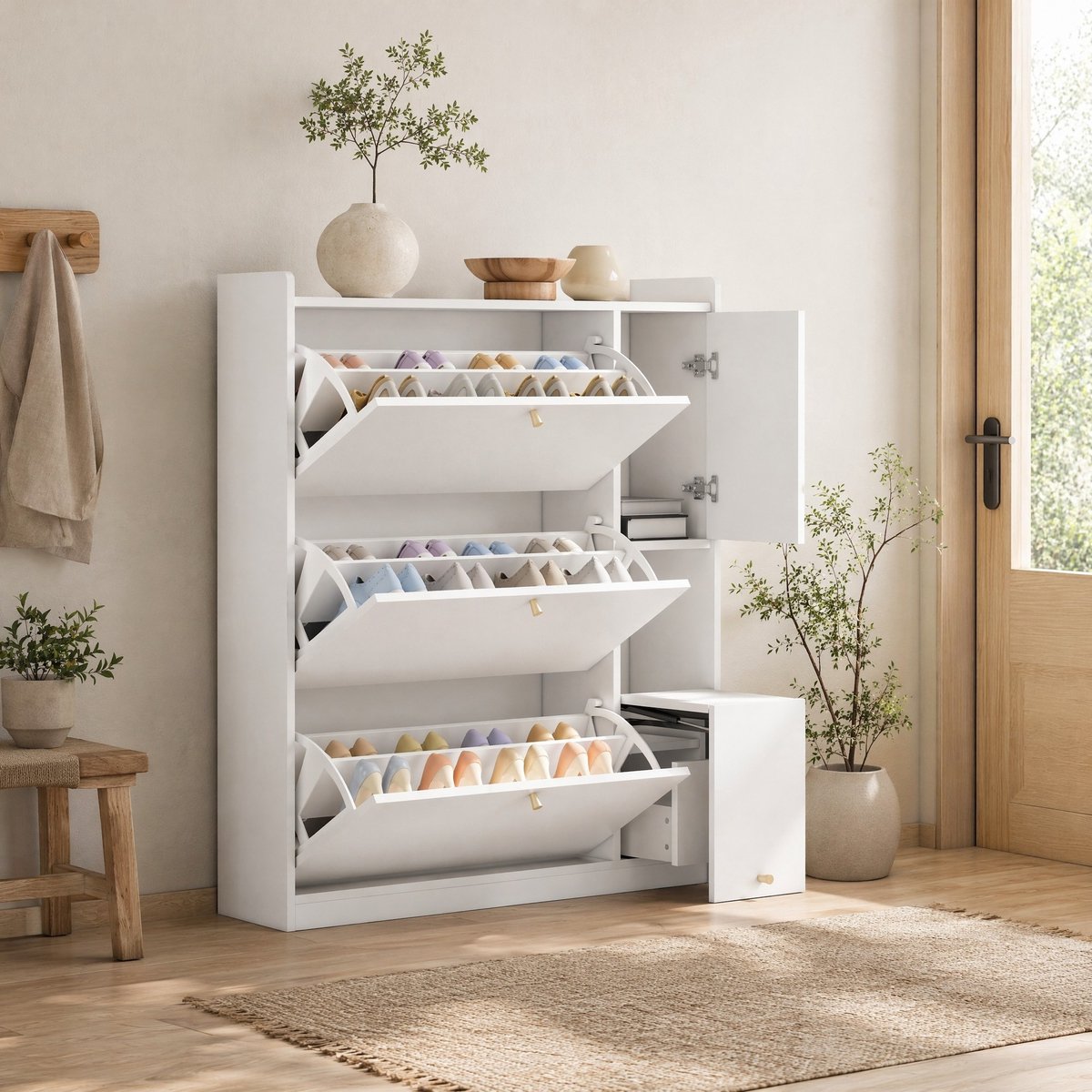 COVREO Schoenenkast 119x24x122 cm – wit, spaanplaat, 3 kleplades en neerklapbare zitbank