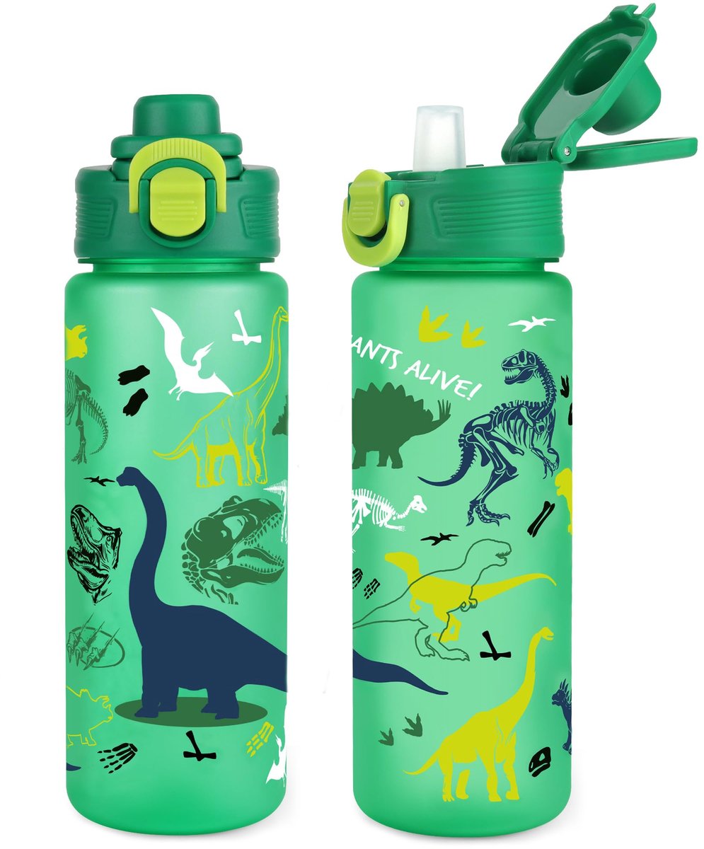 SnelShoppen - Waterfles voor Kinderen met Rietje, 650 ml, Groen, Dinosaurus, Ideaal voor School, Sport, Buitenspelen en Kamperen