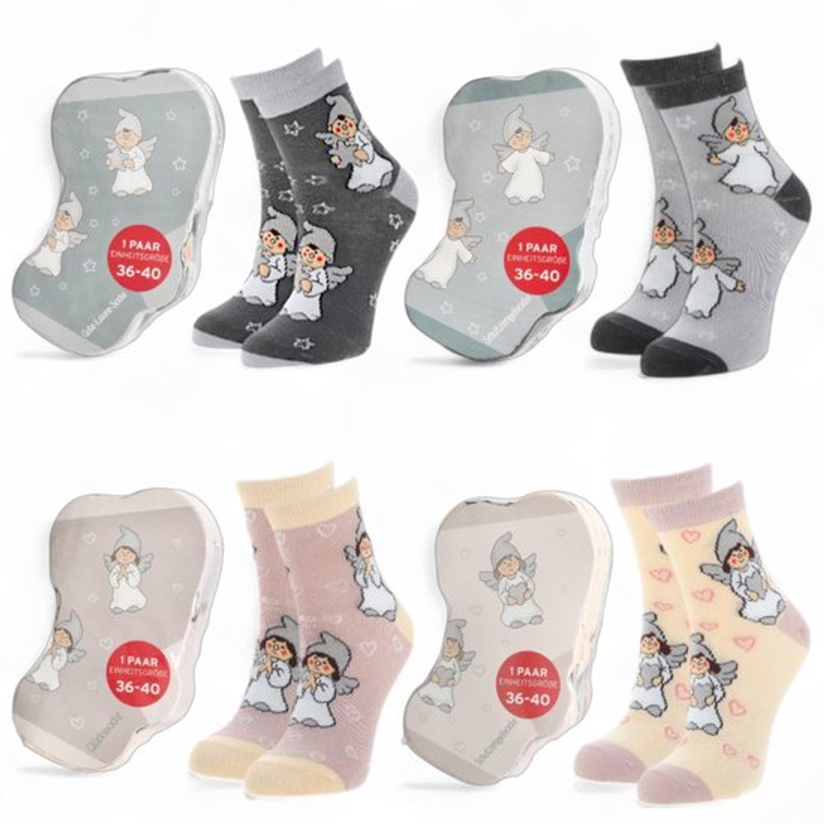 Damessokken set van 4 - Katoenen sokken - Engelmotief - Zacht en warm - Aangenaam draagcomfort - Eenheidsmaat 36-40